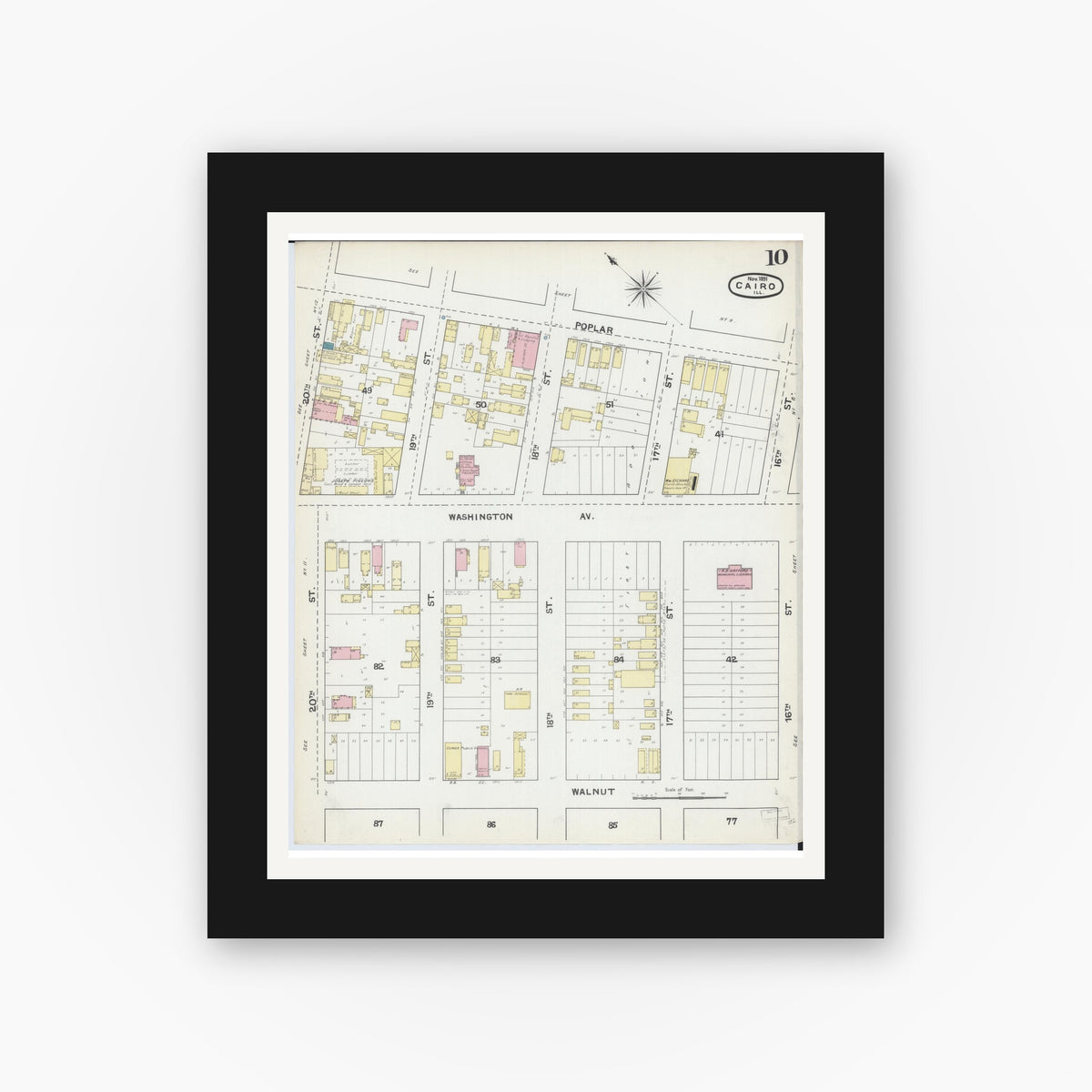 Old map wall art mockup — black gallery frame with white mat — Sanborn Fire Insurance Map from Cairo, Alexander County, Illinois (1891), Sheet #0010