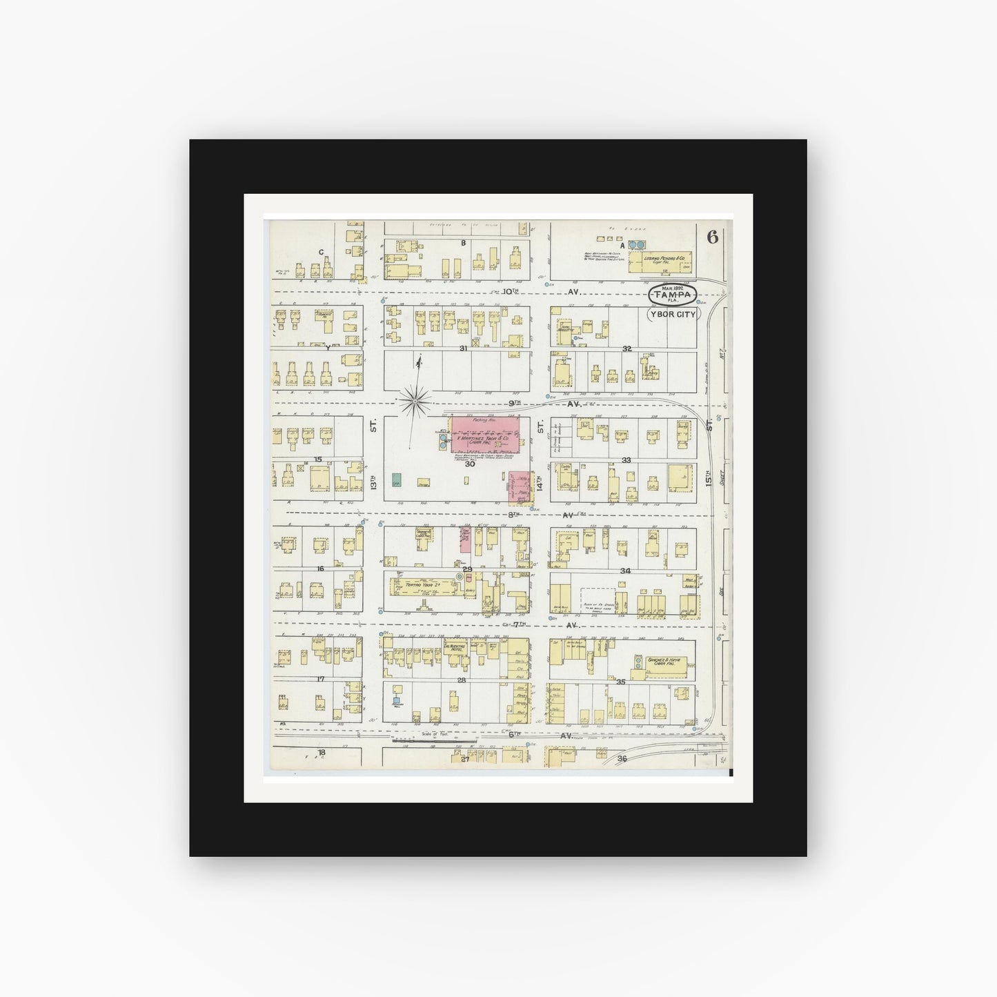 Old map wall art mockup — black gallery frame with white mat — Sanborn Fire Insurance Map from Tampa, Hillsborough County, Florida (1892), Sheet #0006