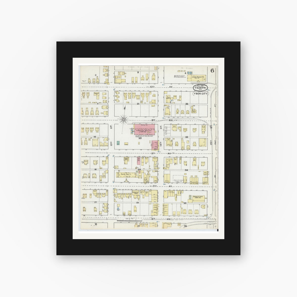 Old map wall art mockup — black gallery frame with white mat — Sanborn Fire Insurance Map from Tampa, Hillsborough County, Florida (1892), Sheet #0006