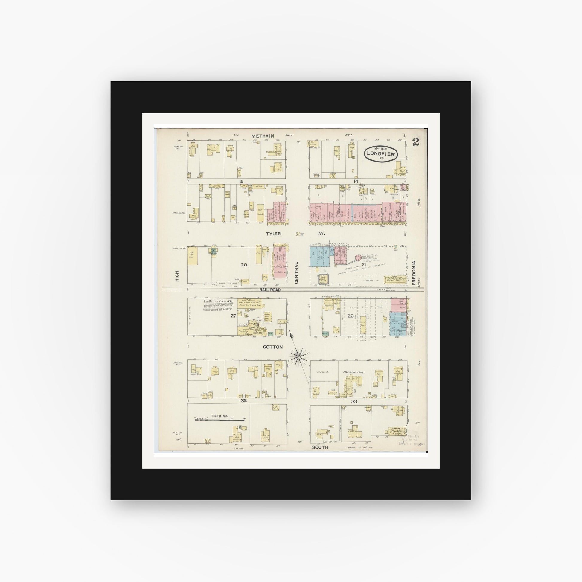 Old map wall art mockup — black gallery frame with white mat — Sanborn Fire Insurance Map from Longview, Gregg County, Texas (1890), Sheet #0002