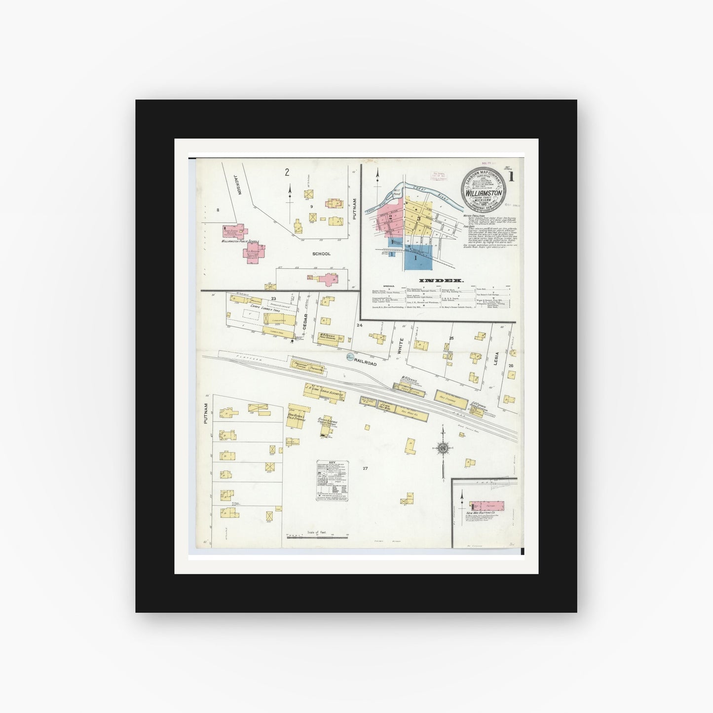 Old map wall art mockup — black gallery frame with white mat — Sanborn Fire Insurance Map from Williamston, Ingham County, Michigan (1910), Sheet #0001