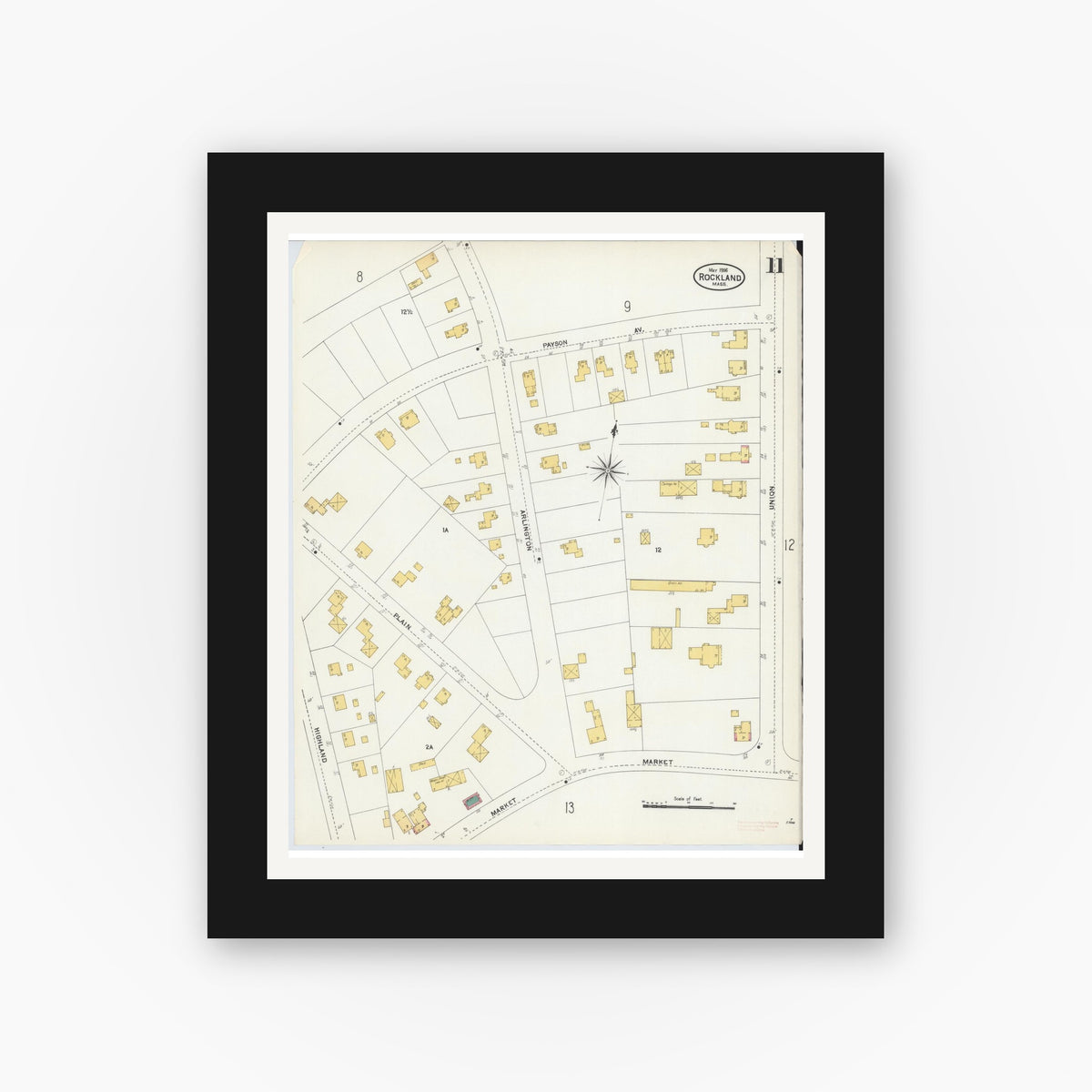 Old map wall art mockup — black gallery frame with white mat — Sanborn Fire Insurance Map from Rockland, Plymouth County, Massachusetts (1906), Sheet #0011