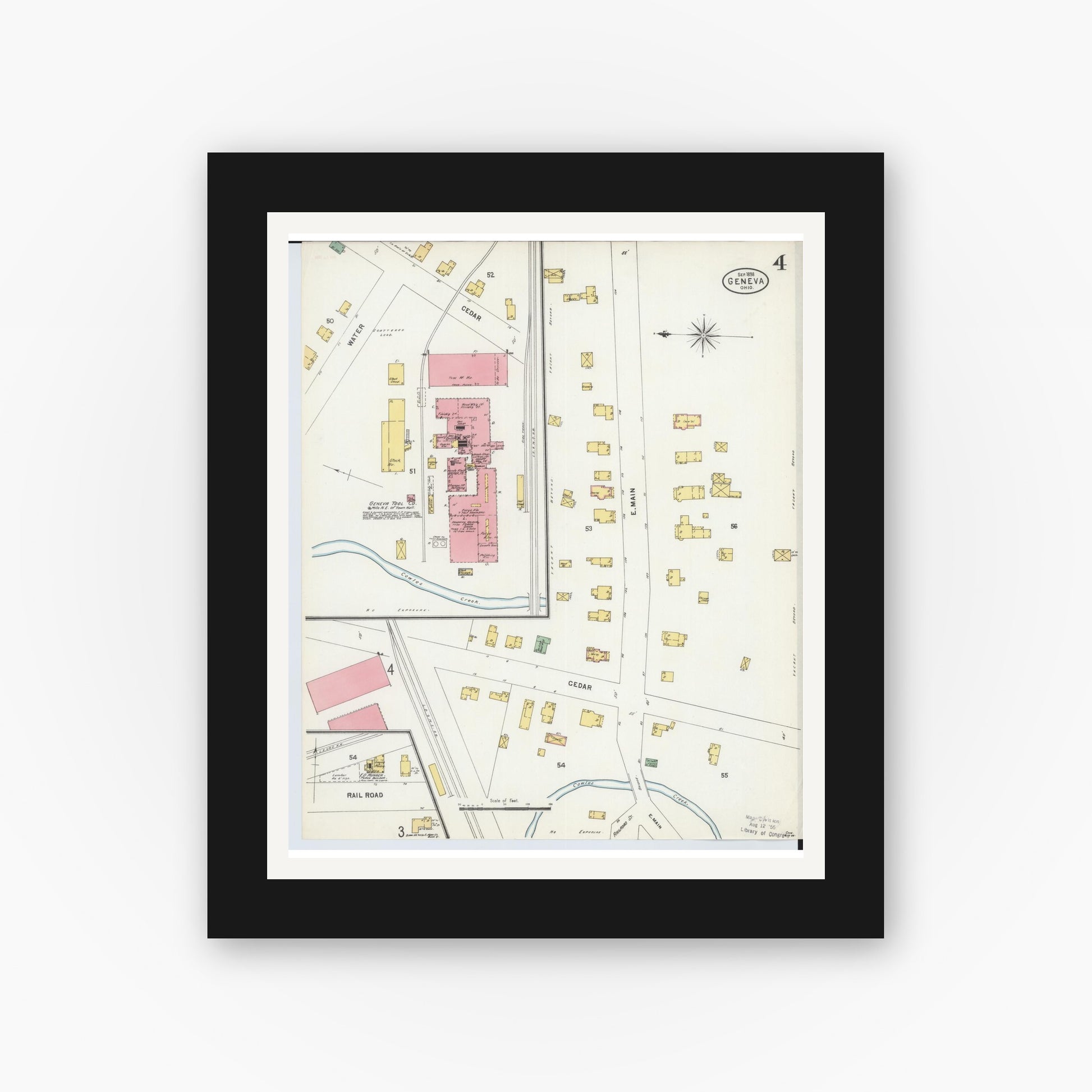 Old map wall art mockup — black gallery frame with white mat — Sanborn Fire Insurance Map from Geneva, Ashtabula County, Ohio (1898), Sheet #0004
