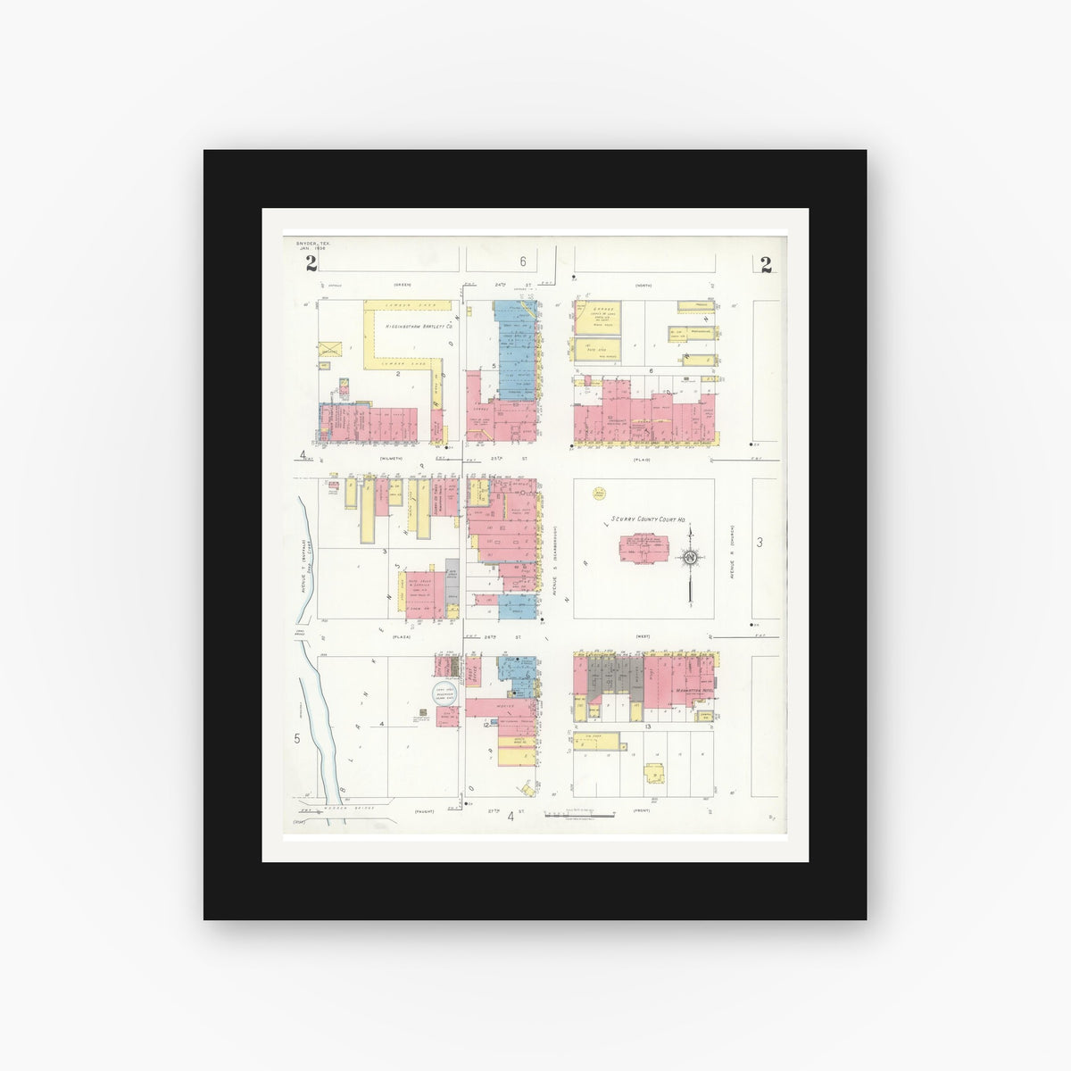 Old map wall art mockup — black gallery frame with white mat — Sanborn Fire Insurance Map from Snyder, Scurry County, Texas (1936), Sheet #0002