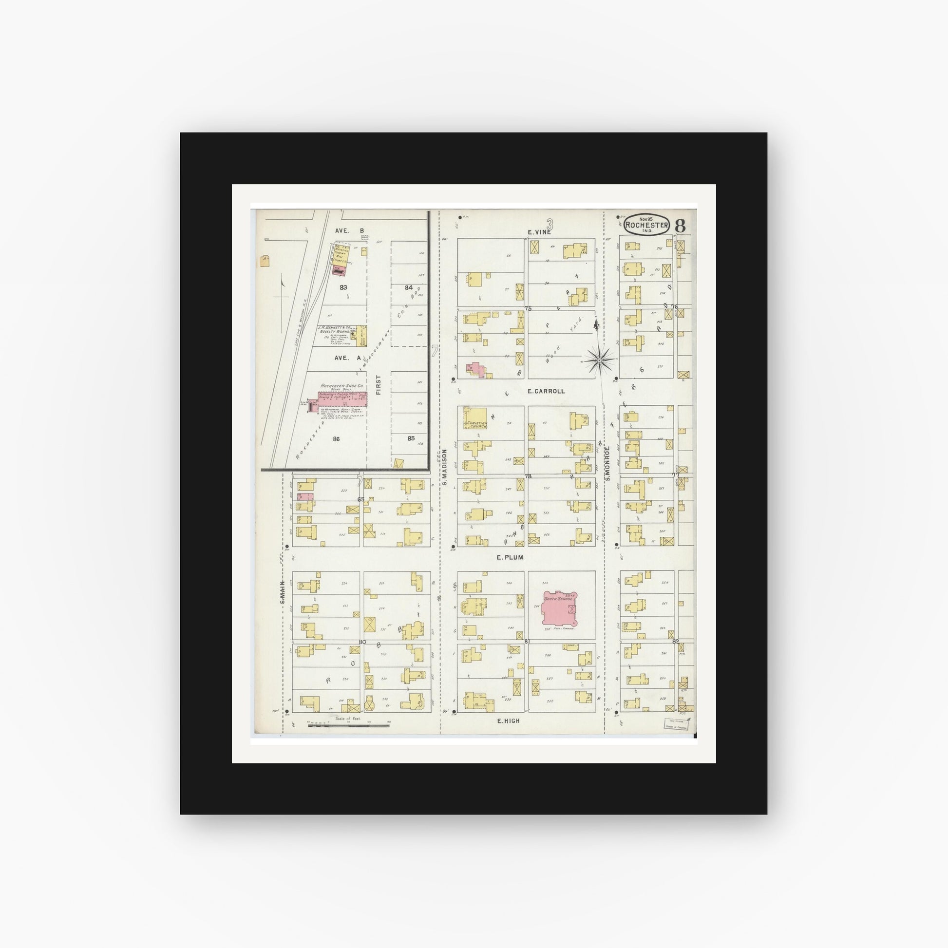 Old map wall art mockup — black gallery frame with white mat — Sanborn Fire Insurance Map from Rochester, Fulton County, Indiana (1895), Sheet #0008
