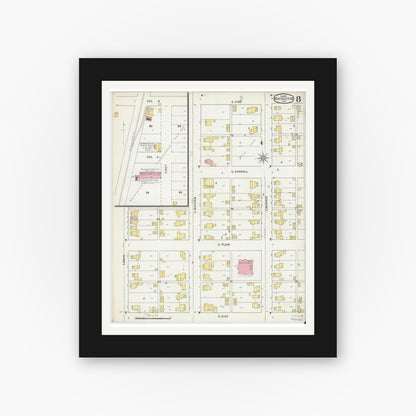 Old map wall art mockup — black gallery frame with white mat — Sanborn Fire Insurance Map from Rochester, Fulton County, Indiana (1895), Sheet #0008