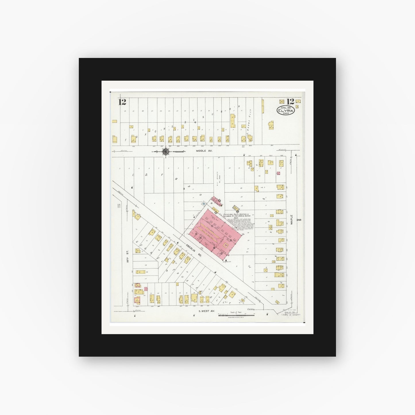 Old map wall art mockup — black gallery frame with white mat — Sanborn Fire Insurance Map from Elyria, Lorain County, Ohio (1925), Sheet #0012