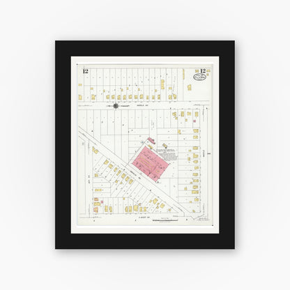 Old map wall art mockup — black gallery frame with white mat — Sanborn Fire Insurance Map from Elyria, Lorain County, Ohio (1925), Sheet #0012