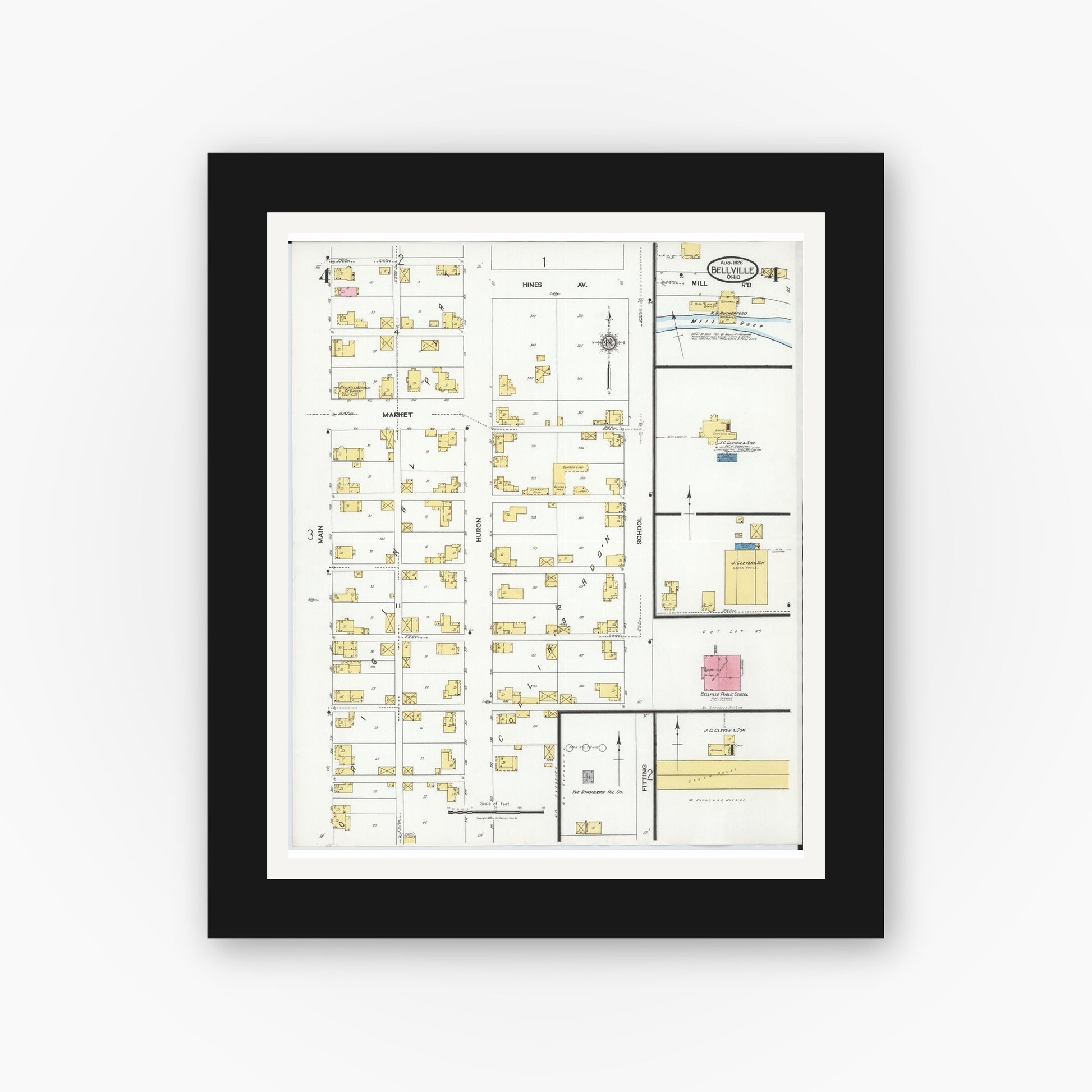 Old map wall art mockup — black gallery frame with white mat — Sanborn Fire Insurance Map from Bellville, Richland County, Ohio (1926), Sheet #0004