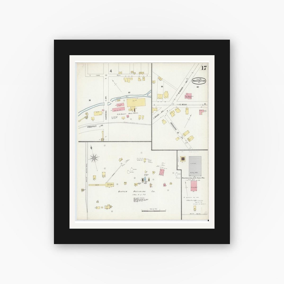 Old map wall art mockup — black gallery frame with white mat — Sanborn Fire Insurance Map from Washington, Washington County, Pennsylvania (1896), Sheet #0017