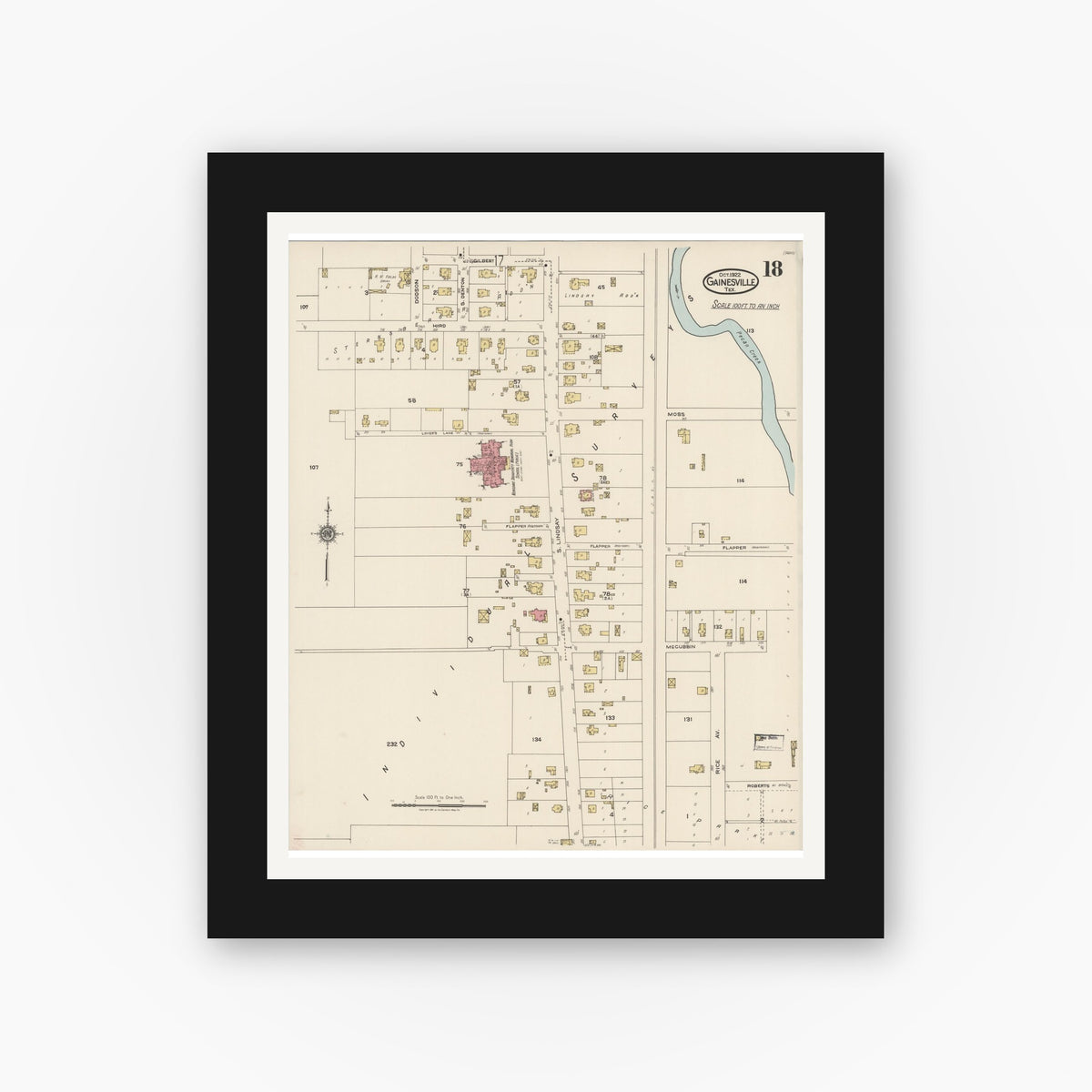 Old map wall art mockup — black gallery frame with white mat — Sanborn Fire Insurance Map from Gainesville, Cooke County, Texas (1922), Sheet #0018