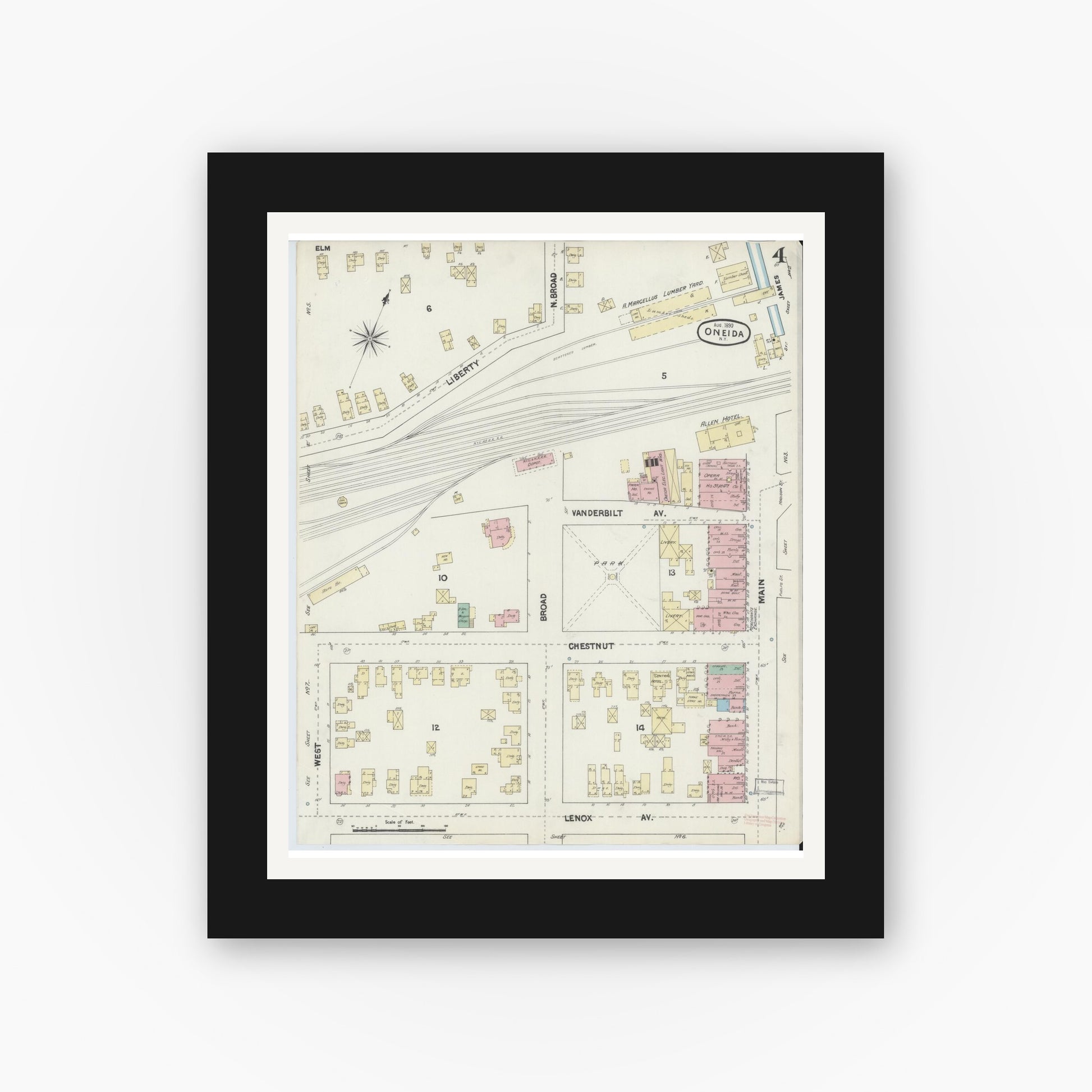 Old map wall art mockup — black gallery frame with white mat — Sanborn Fire Insurance Map from Oneida, Madison County, New York (1890), Sheet #0004