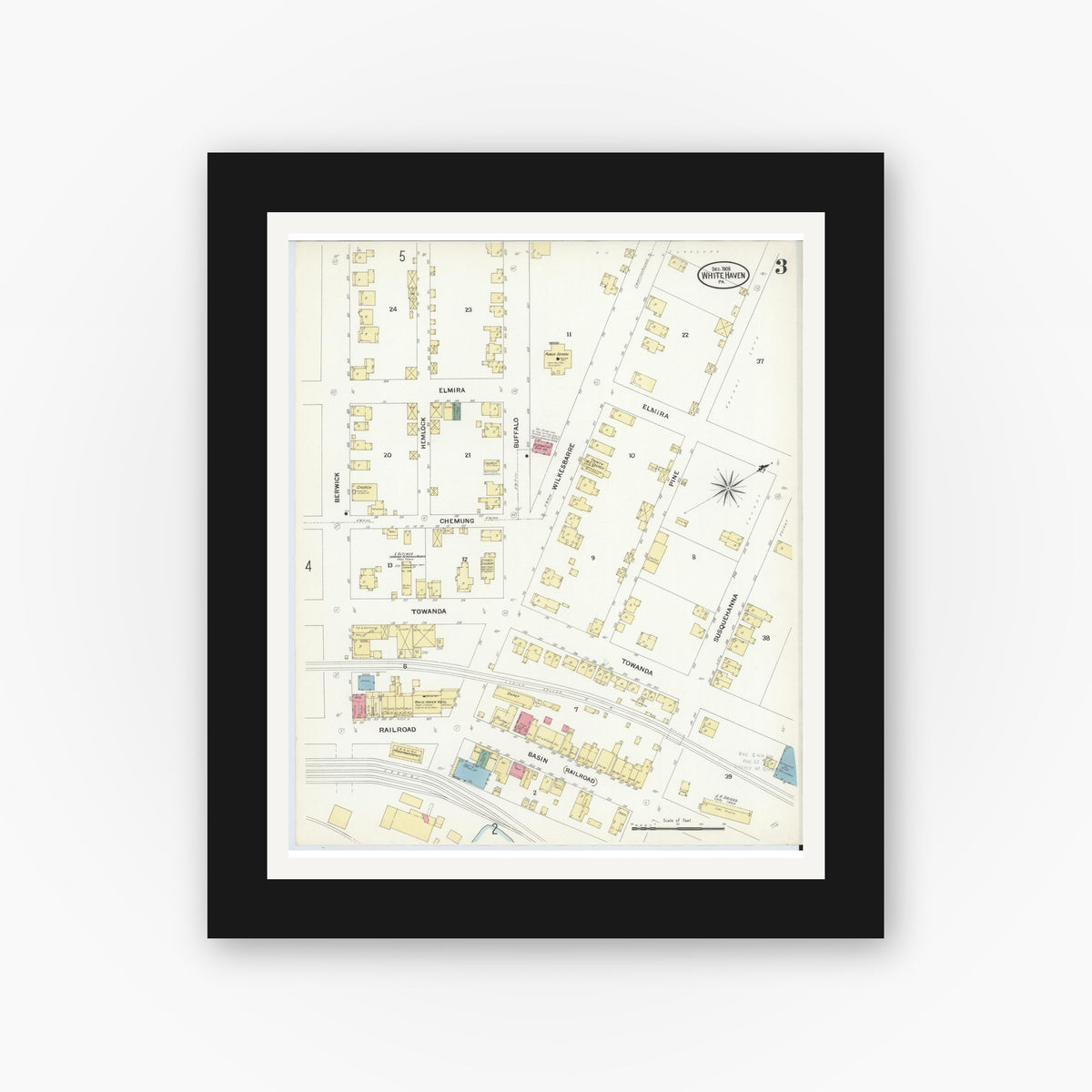 Old map wall art mockup — black gallery frame with white mat — Sanborn Fire Insurance Map from White Haven, Luzerne County, Pennsylvania (1908), Sheet #0003