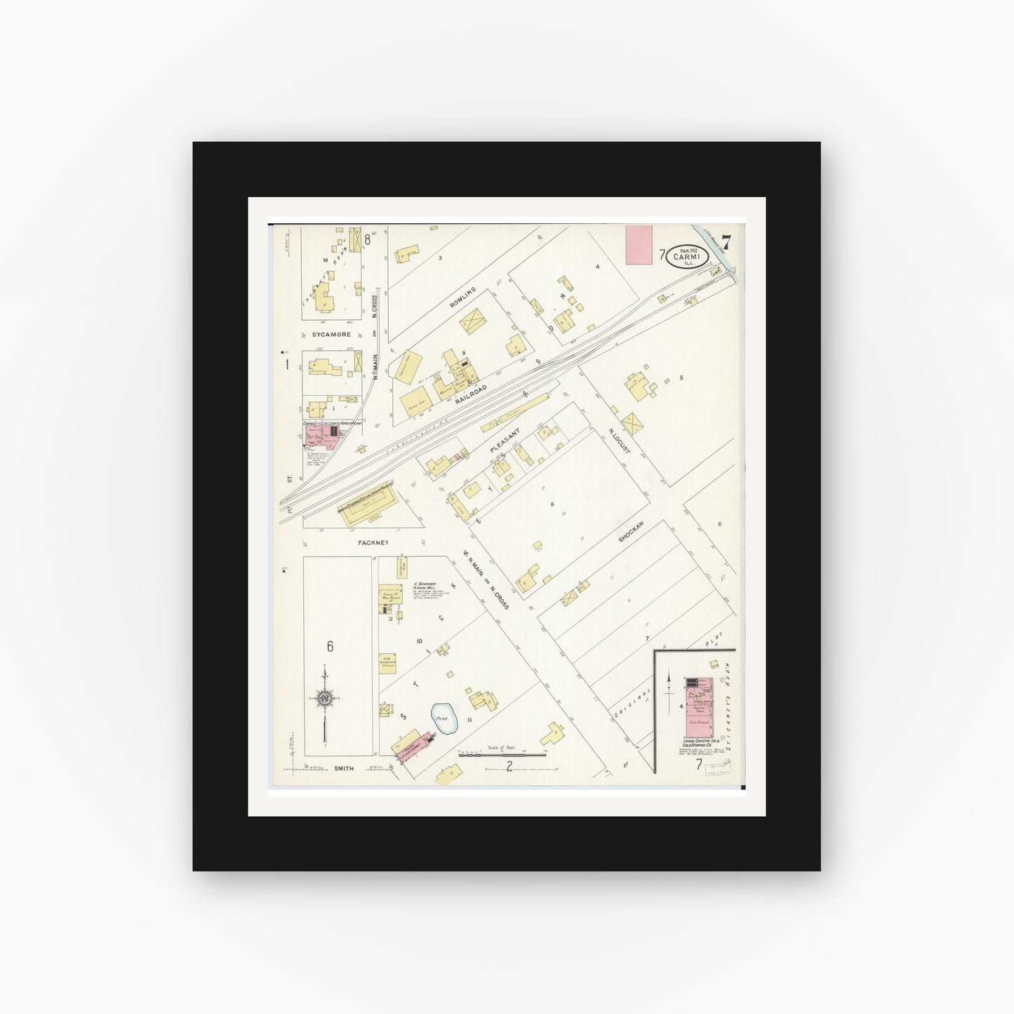 Old map wall art mockup — black gallery frame with white mat — Sanborn Fire Insurance Map from Carmi, White County, Illinois (1912), Sheet #0007