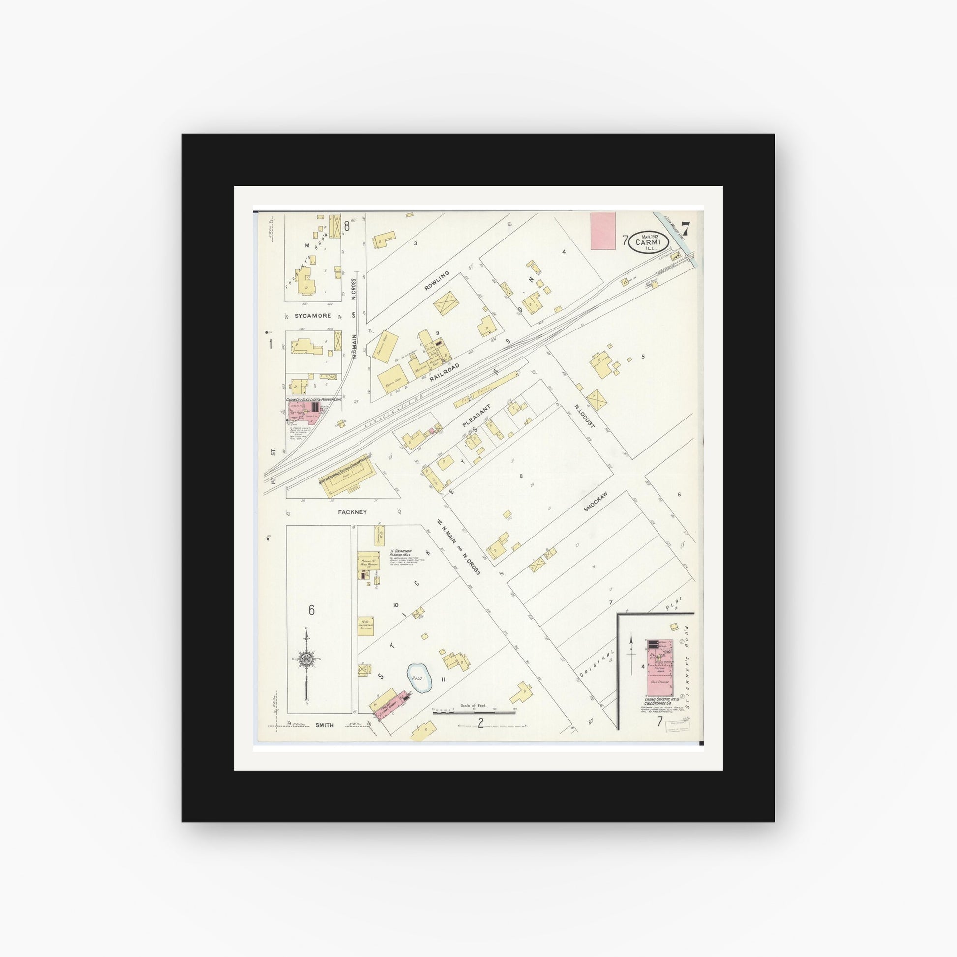 Old map wall art mockup — black gallery frame with white mat — Sanborn Fire Insurance Map from Carmi, White County, Illinois (1912), Sheet #0007
