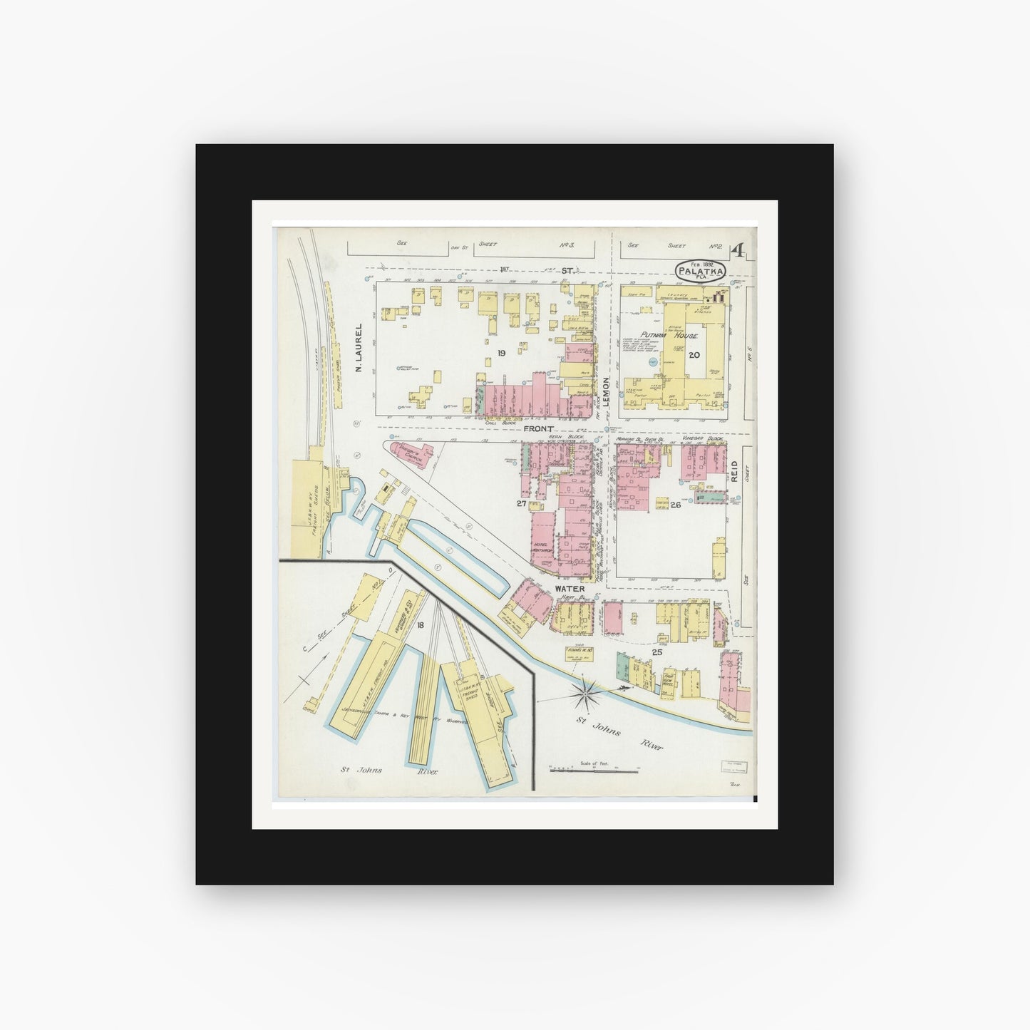 Old map wall art mockup — black gallery frame with white mat — Sanborn Fire Insurance Map from Palatka, Putnam County, Florida (1892), Sheet #0004