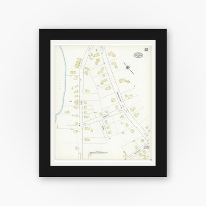 Old map wall art mockup — black gallery frame with white mat — Sanborn Fire Insurance Map from Hudson, Middlesex County, Massachusetts (1909), Sheet #0012