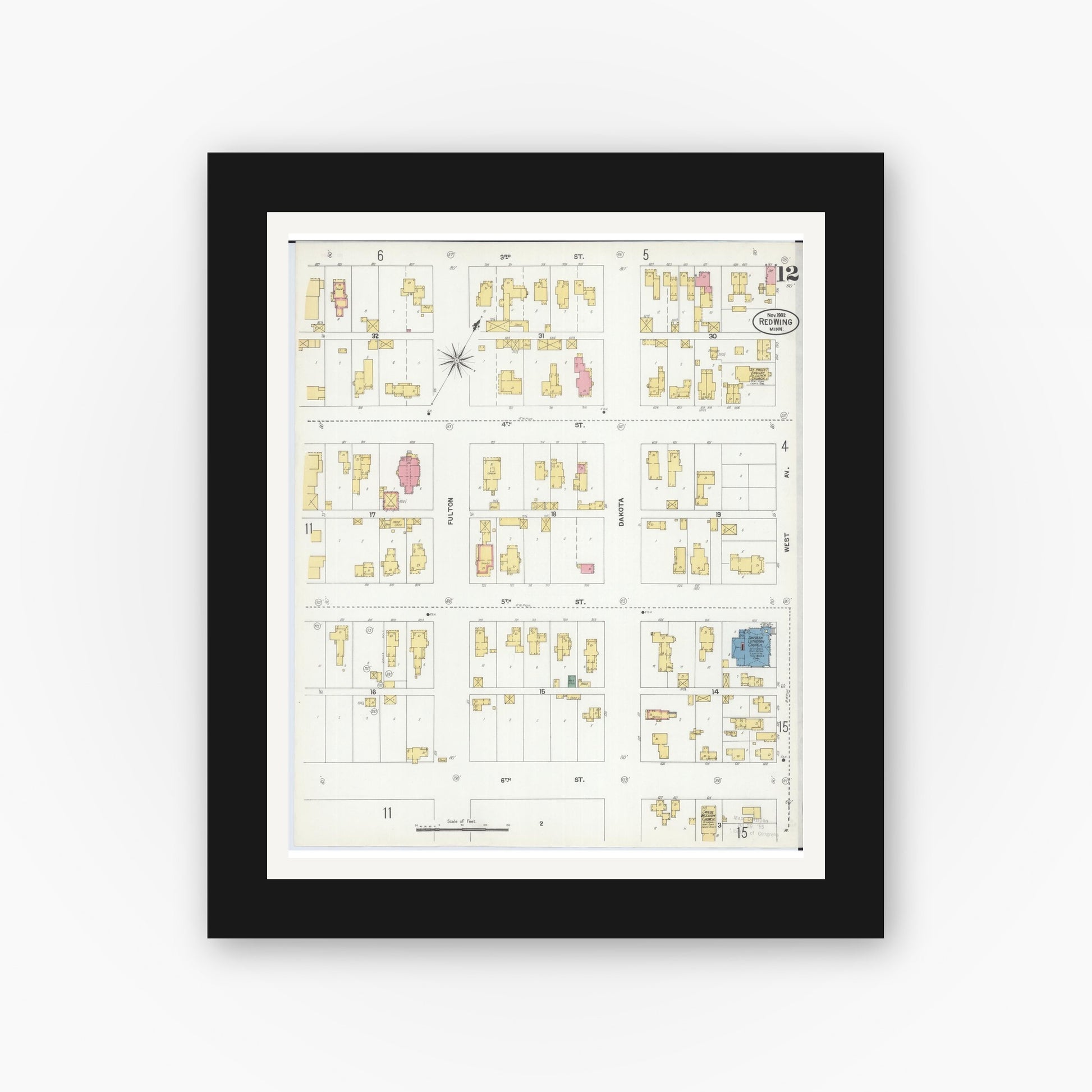 Old map wall art mockup — black gallery frame with white mat — Sanborn Fire Insurance Map from Red Wing, Goodhue County, Minnesota (1902), Sheet #0012