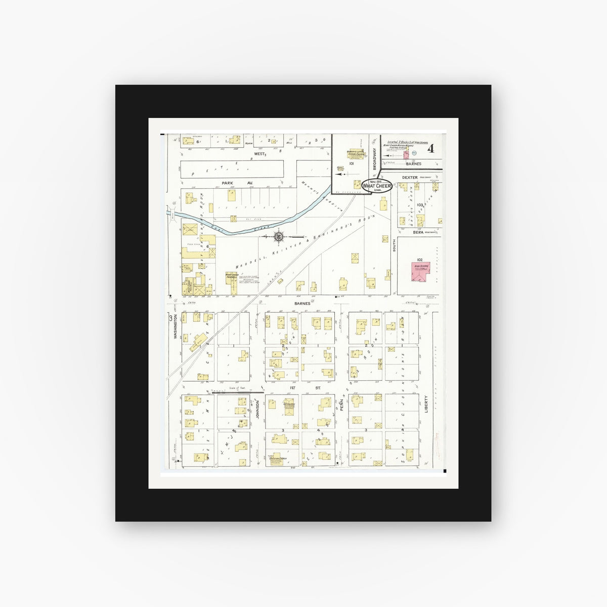 Old map wall art mockup — black gallery frame with white mat — Sanborn Fire Insurance Map from What Cheer, Keokuk County, Iowa (1916), Sheet #0004