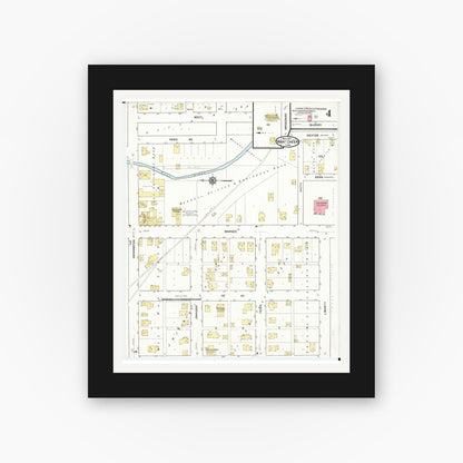 Old map wall art mockup — black gallery frame with white mat — Sanborn Fire Insurance Map from What Cheer, Keokuk County, Iowa (1916), Sheet #0004