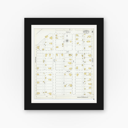 Old map wall art mockup — black gallery frame with white mat — Sanborn Fire Insurance Map from Wolfe City, Hunt County, Texas (1901), Sheet #0004