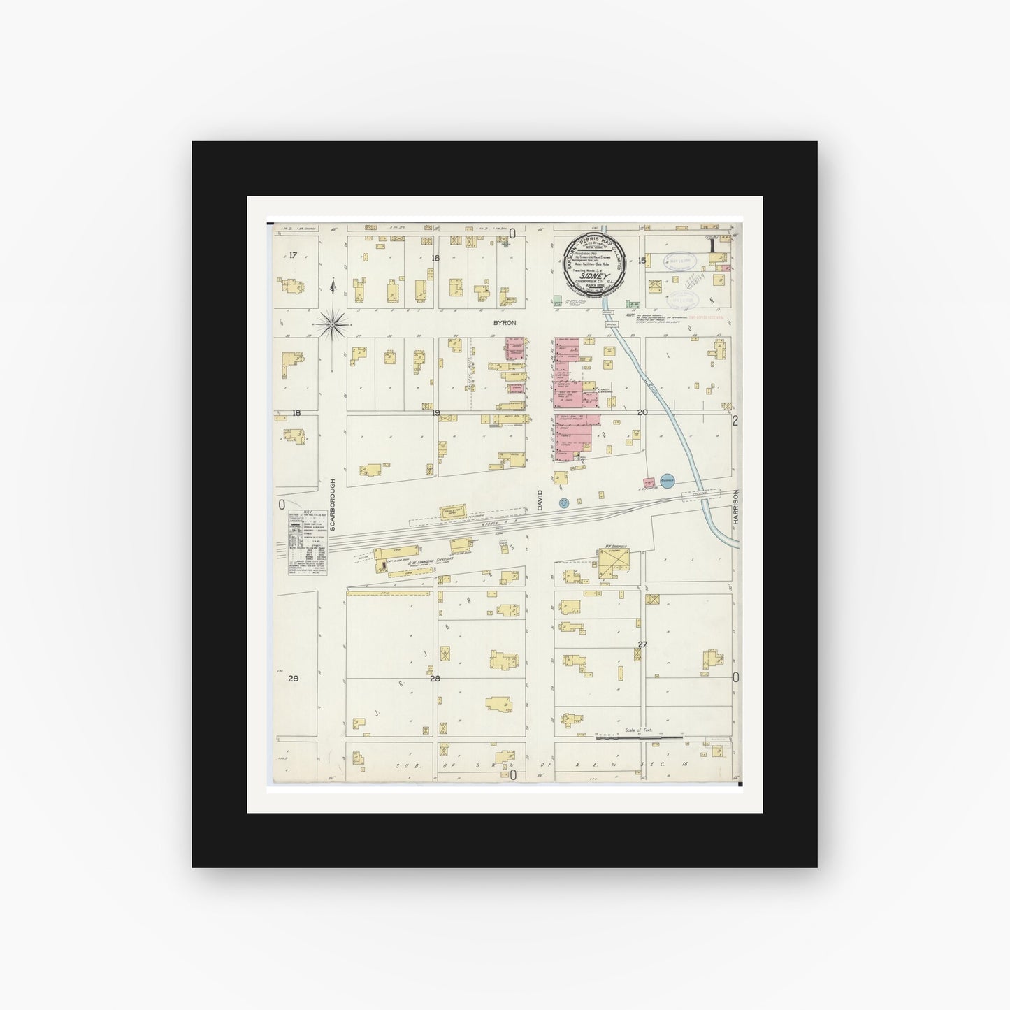 Old map wall art mockup — black gallery frame with white mat — Sanborn Fire Insurance Map from Sidney, Champaign County, Illinois (1898), Sheet #0001