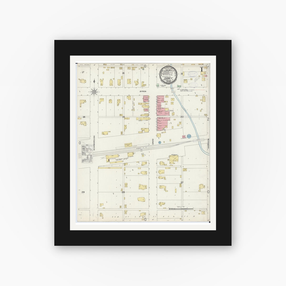 Old map wall art mockup — black gallery frame with white mat — Sanborn Fire Insurance Map from Sidney, Champaign County, Illinois (1898), Sheet #0001