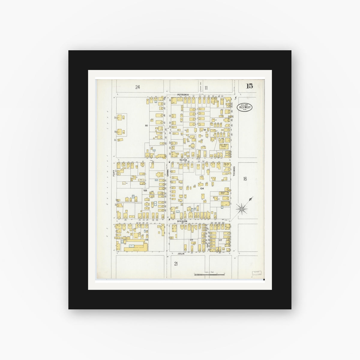 Old map wall art mockup — black gallery frame with white mat — Sanborn Fire Insurance Map from Key West, Monroe County, Florida (1899), Sheet #0015
