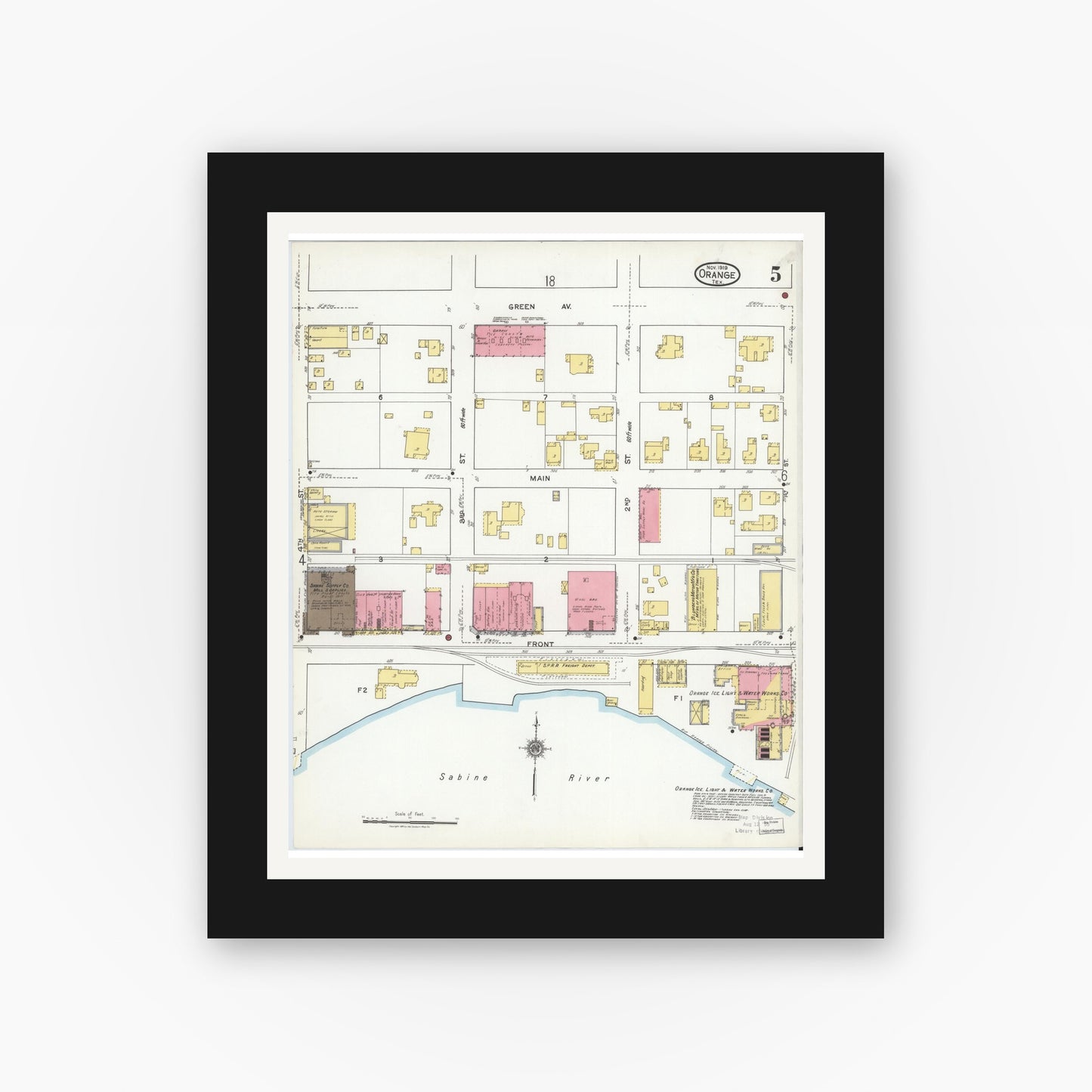 Old map wall art mockup — black gallery frame with white mat — Sanborn Fire Insurance Map from Orange, Orange County, Texas (1919), Sheet #0005