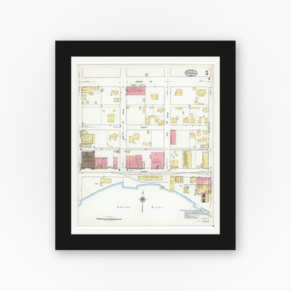 Old map wall art mockup — black gallery frame with white mat — Sanborn Fire Insurance Map from Orange, Orange County, Texas (1919), Sheet #0005