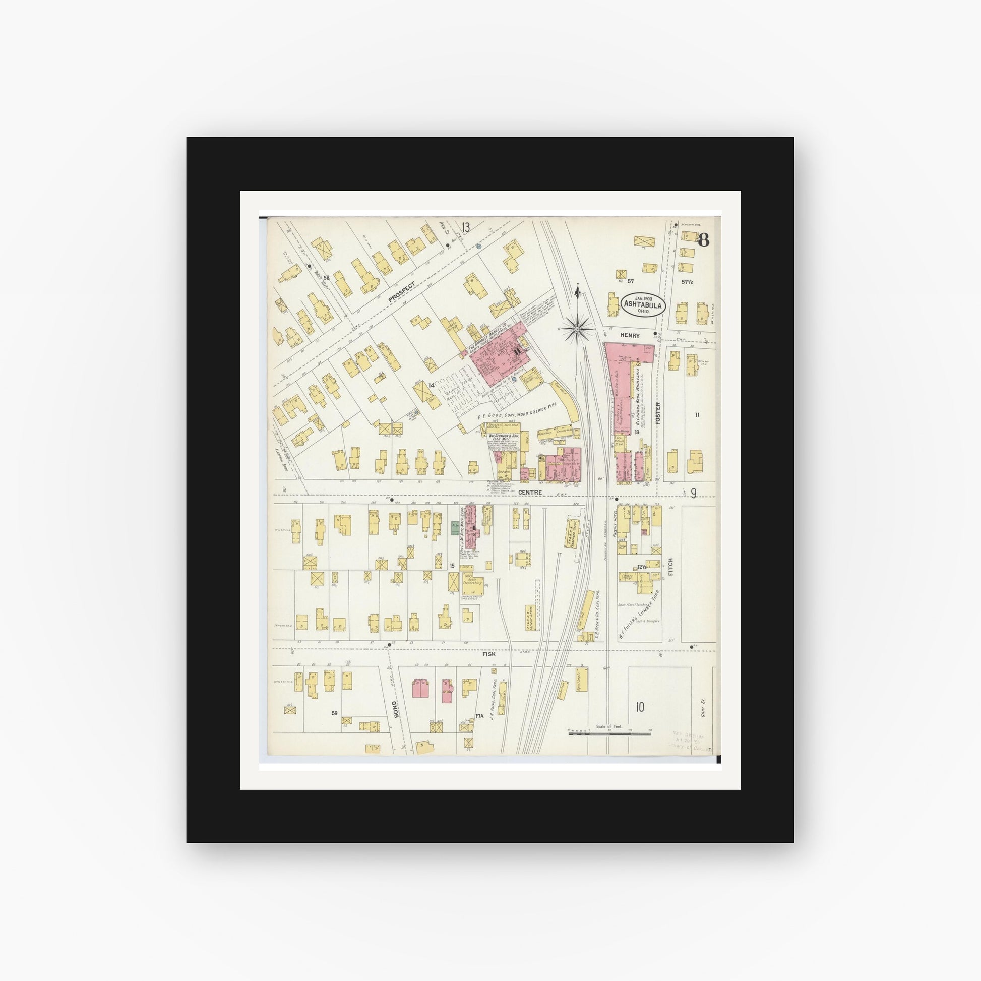 Old map wall art mockup — black gallery frame with white mat — Sanborn Fire Insurance Map from Ashtabula, Ashtabula County, Ohio (1903), Sheet #0008