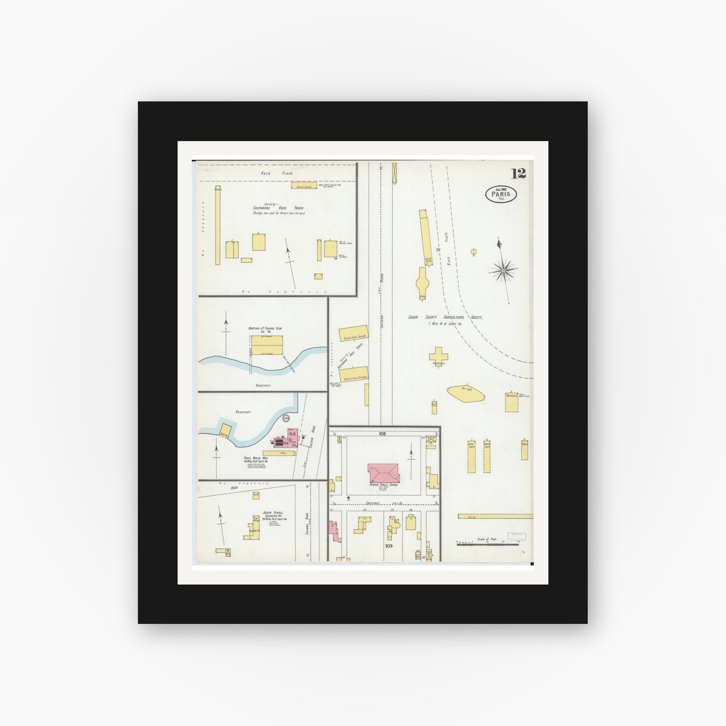 Old map wall art mockup — black gallery frame with white mat — Sanborn Fire Insurance Map from Paris, Edgar County, Illinois (1900), Sheet #0012