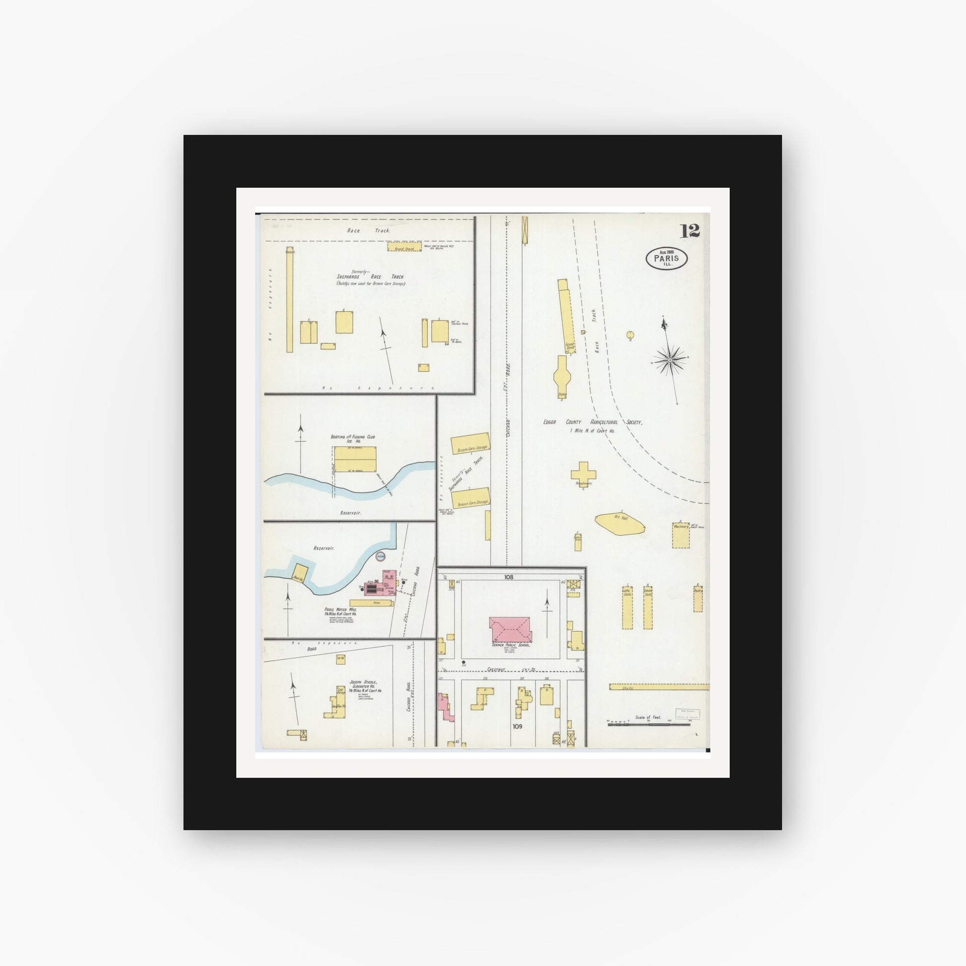 Old map wall art mockup — black gallery frame with white mat — Sanborn Fire Insurance Map from Paris, Edgar County, Illinois (1900), Sheet #0012