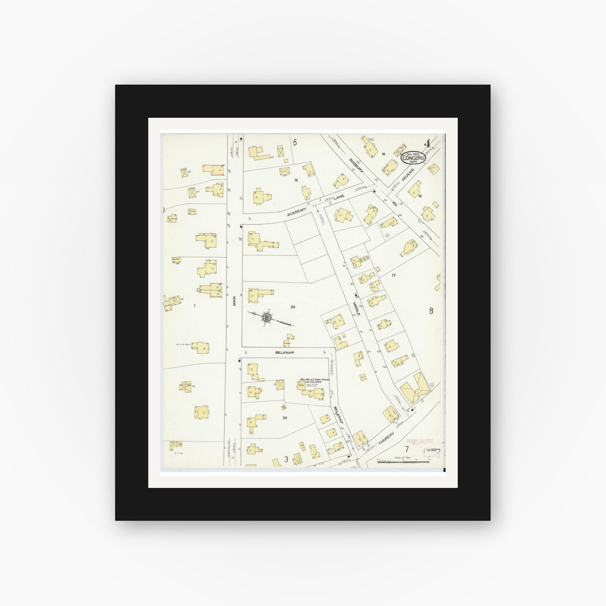 Old map wall art mockup — black gallery frame with white mat — Sanborn Fire Insurance Map from Concord, Middlesex County, Massachusetts (1909), Sheet #0004