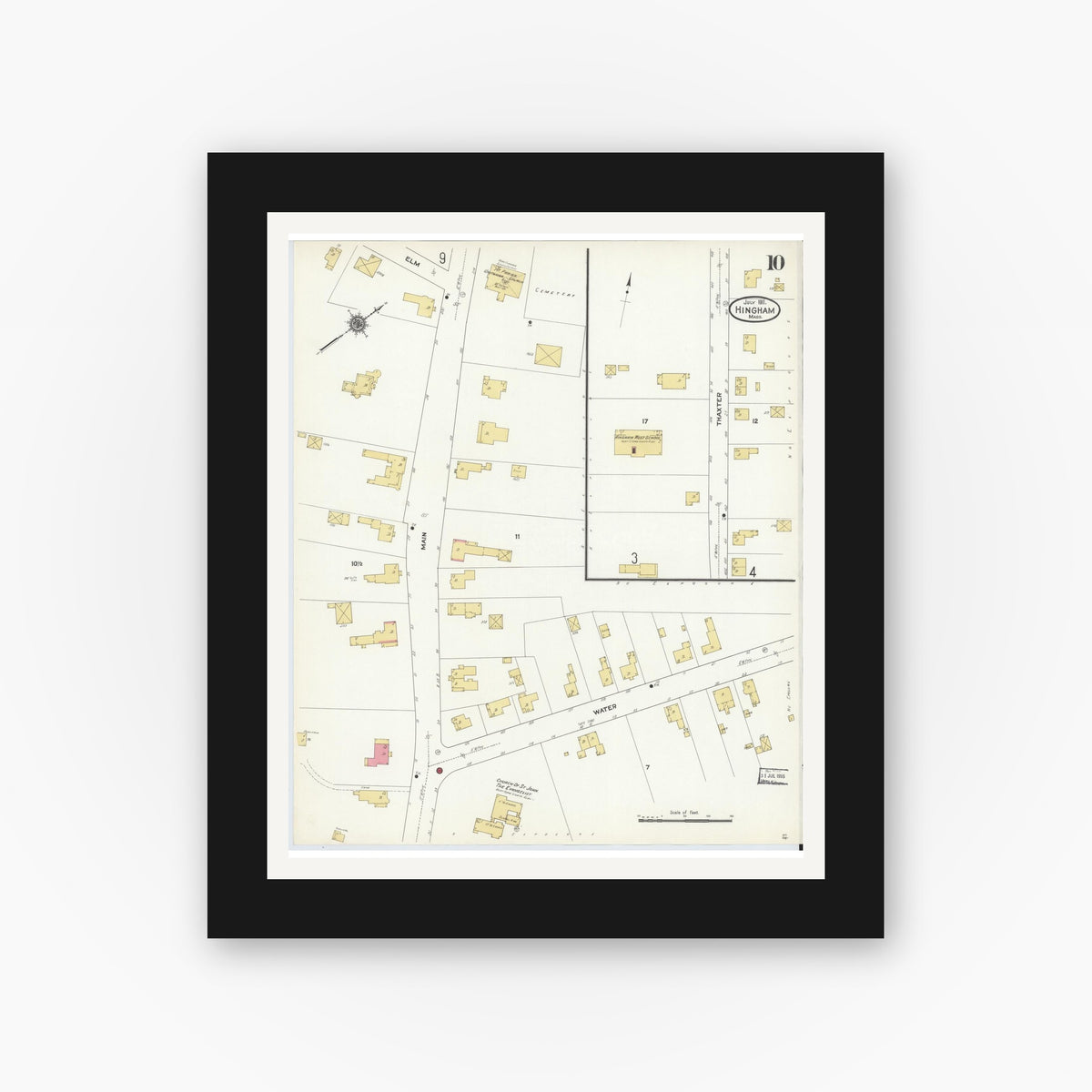Old map wall art mockup — black gallery frame with white mat — Sanborn Fire Insurance Map from Hingham, Plymouth County, Massachusetts (1911), Sheet #0010