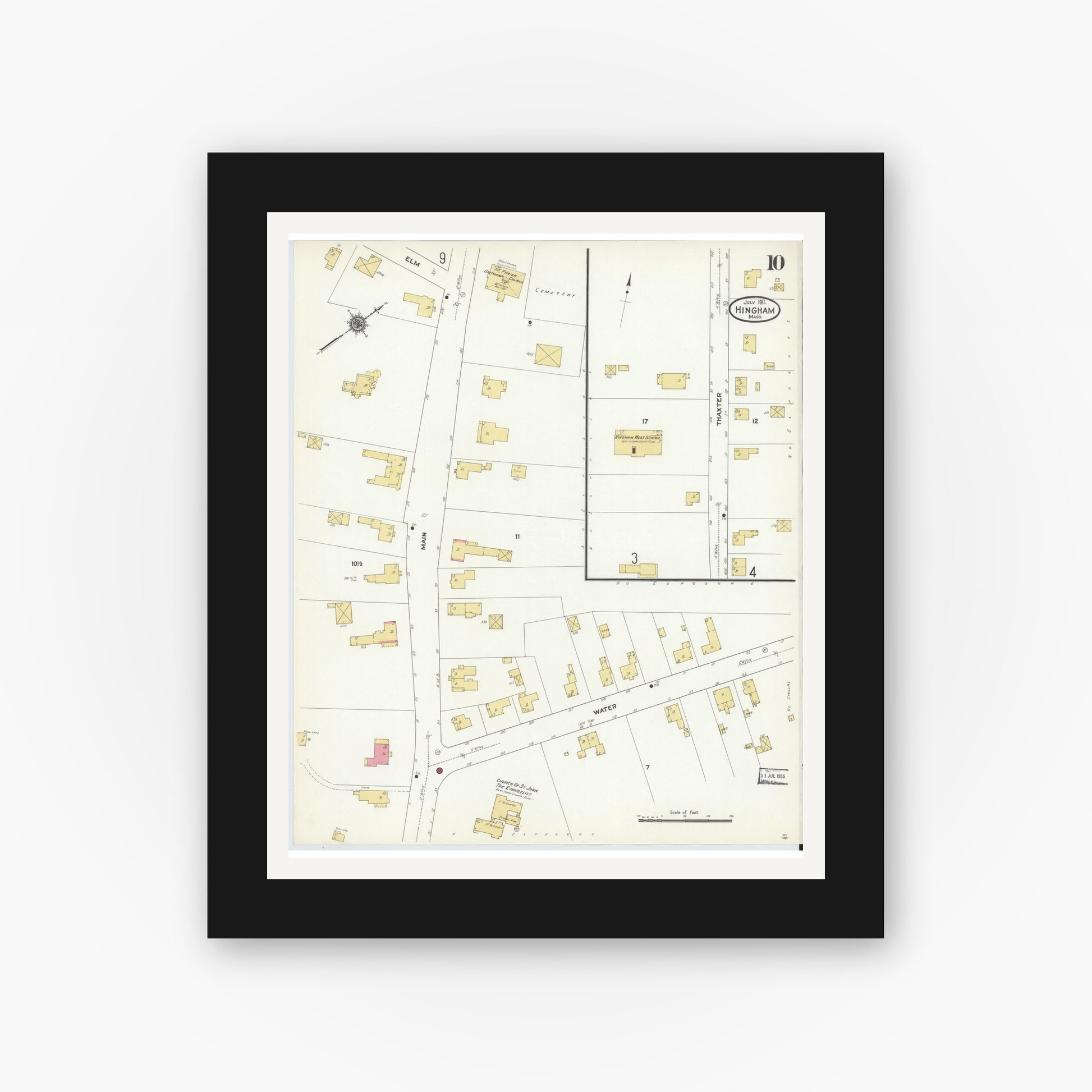 Old map wall art mockup — black gallery frame with white mat — Sanborn Fire Insurance Map from Hingham, Plymouth County, Massachusetts (1911), Sheet #0010