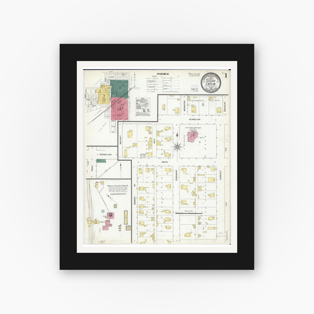Old map wall art mockup — black gallery frame with white mat — Sanborn Fire Insurance Map from Catlin, Vermilion County, Illinois (1909), Sheet #0001