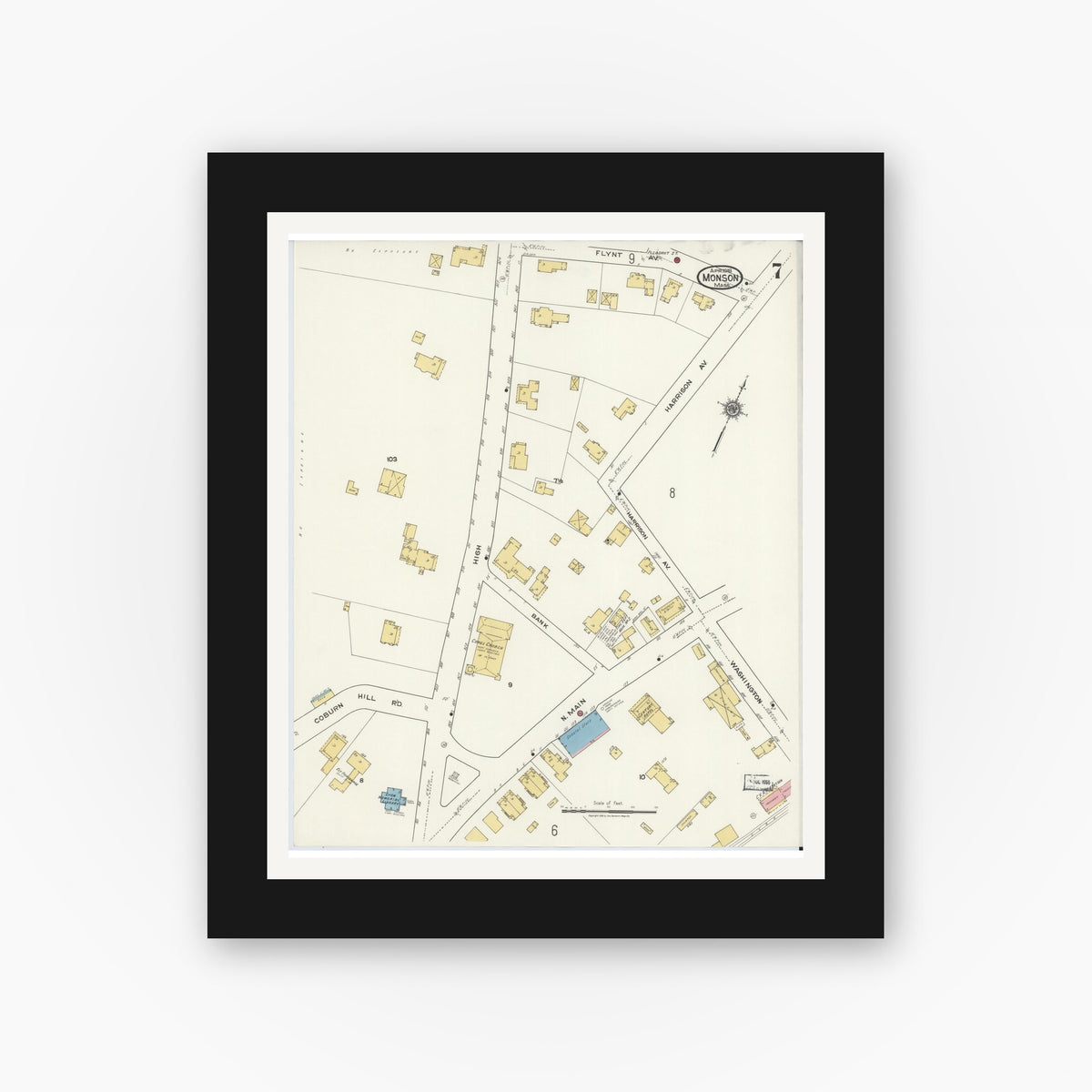 Old map wall art mockup — black gallery frame with white mat — Sanborn Fire Insurance Map from Monson, Hampden County, Massachusetts (1918), Sheet #0007