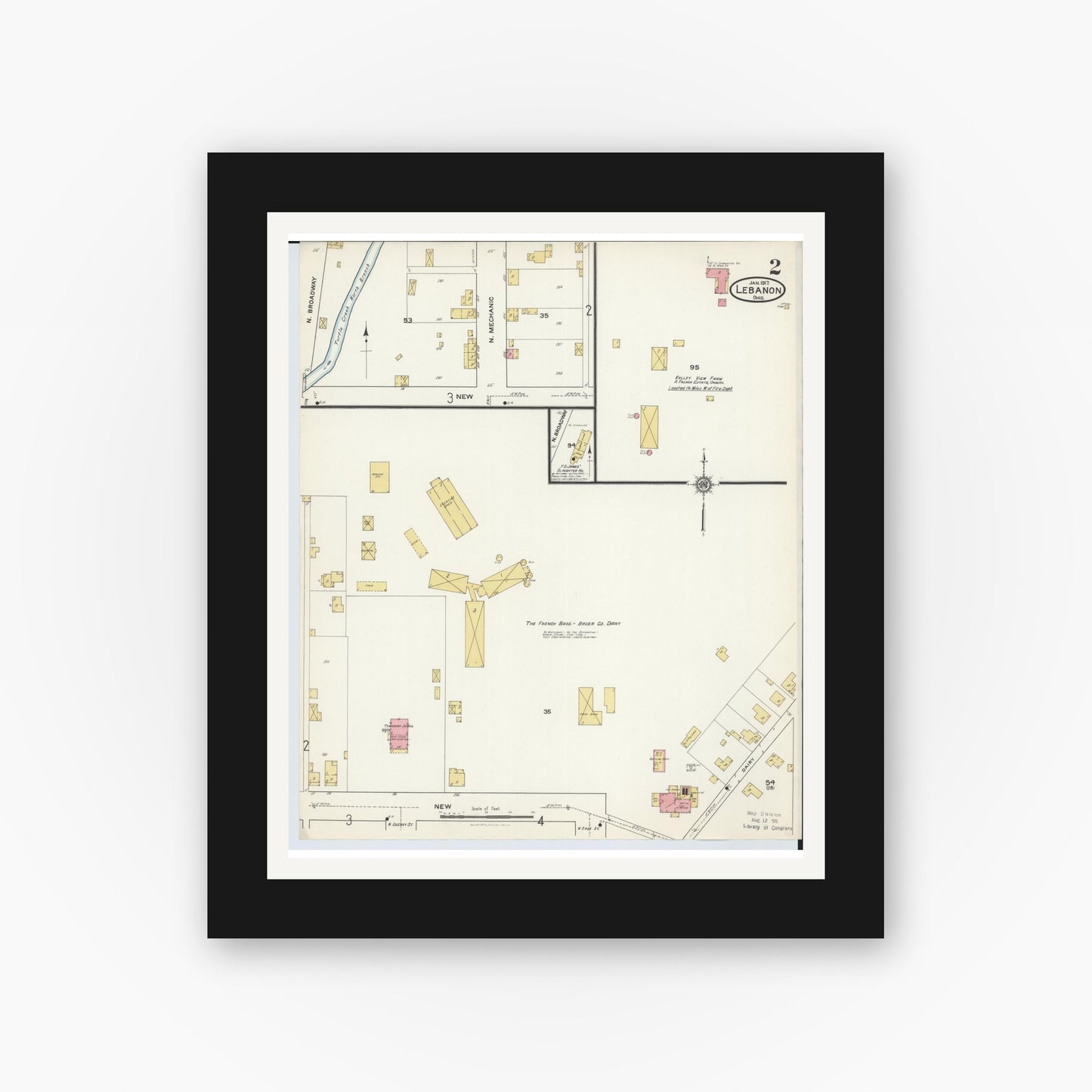 Old map wall art mockup — black gallery frame with white mat — Sanborn Fire Insurance Map from Lebanon, Warren County, Ohio (1917), Sheet #0002
