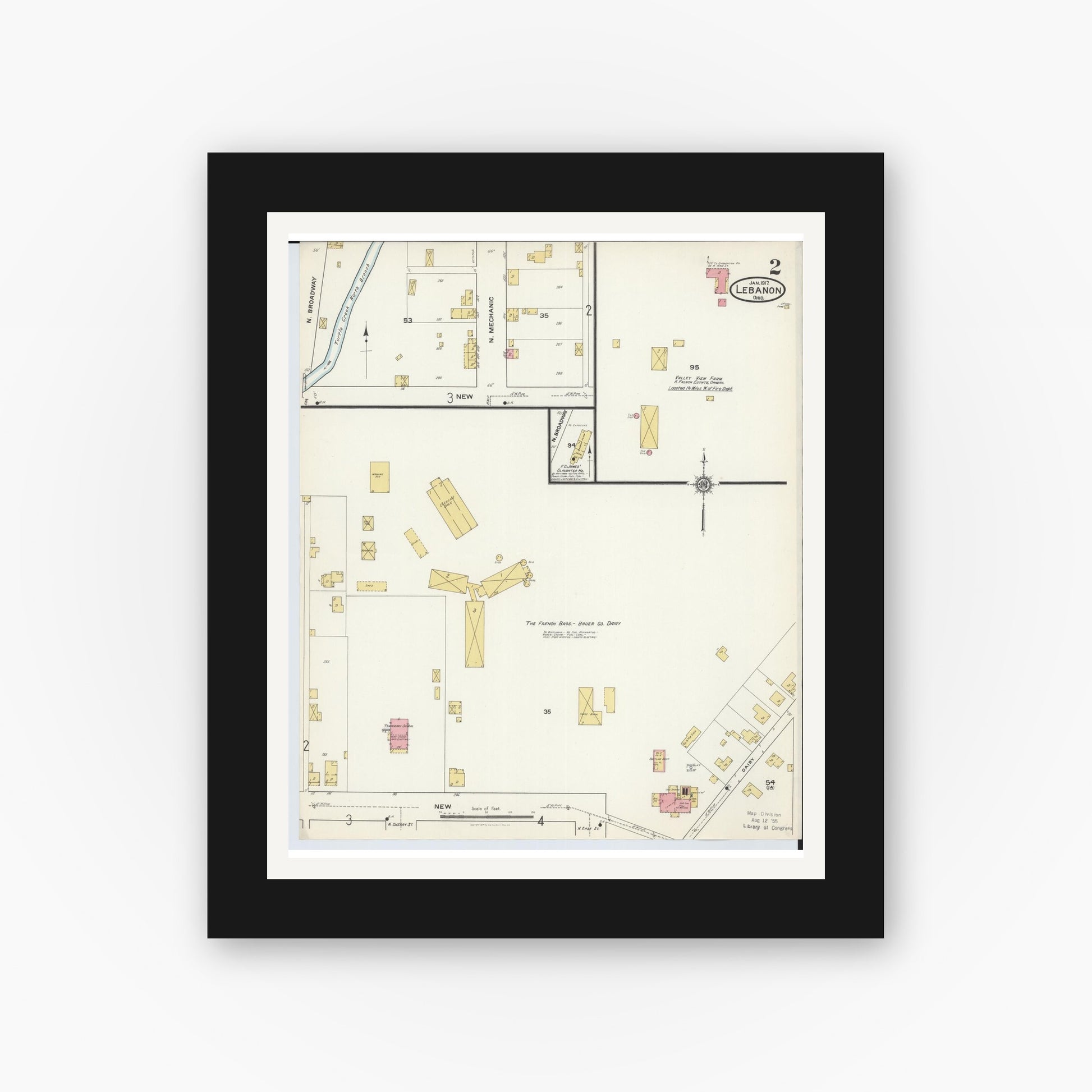 Old map wall art mockup — black gallery frame with white mat — Sanborn Fire Insurance Map from Lebanon, Warren County, Ohio (1917), Sheet #0002