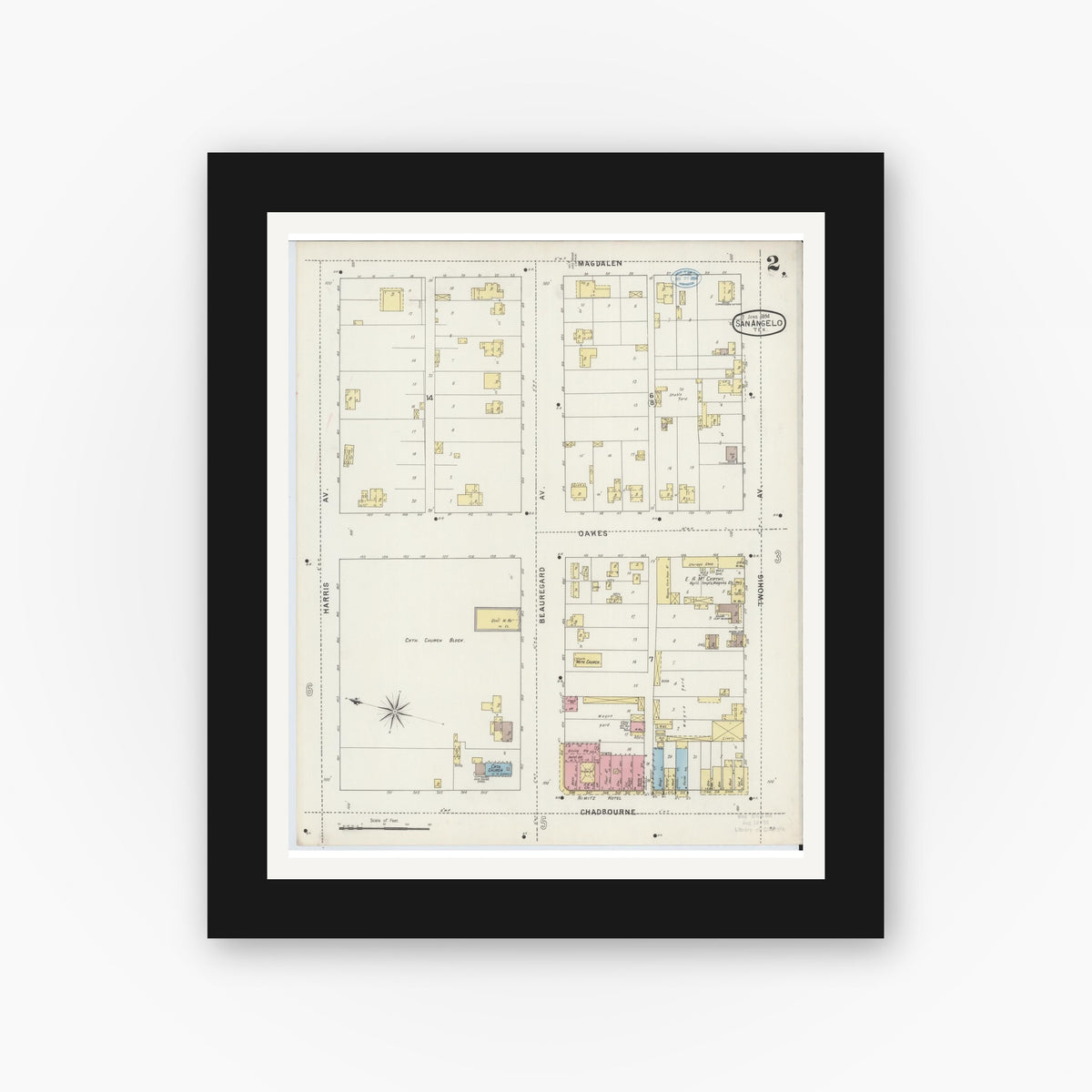 Old map wall art mockup — black gallery frame with white mat — Sanborn Fire Insurance Map from San Angelo, Tom Green County, Texas (1894), Sheet #0002