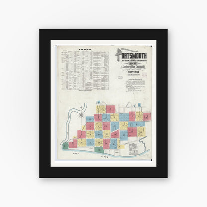 Old map wall art mockup — black gallery frame with white mat — Sanborn Fire Insurance Map from Portsmouth, Scioto County, Ohio (1904), Sheet #0001