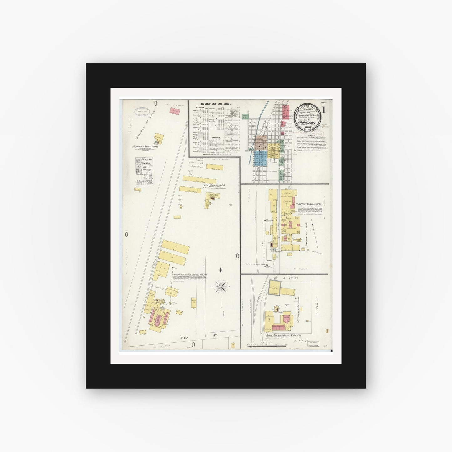 Old map wall art mockup — black gallery frame with white mat — Sanborn Fire Insurance Map from Fairmount, Grant County, Indiana (1898), Sheet #0001