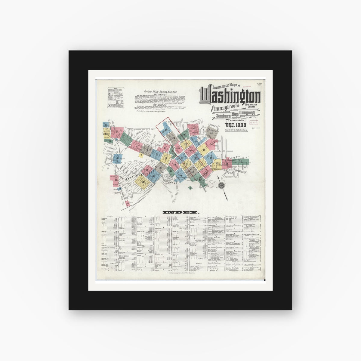 Old map wall art mockup — black gallery frame with white mat — Sanborn Fire Insurance Map from Washington, Washington County, Pennsylvania (1909), Sheet #0001
