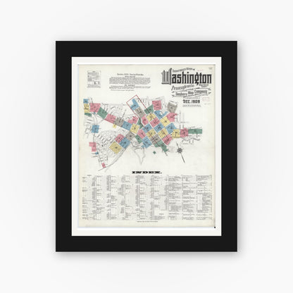 Old map wall art mockup — black gallery frame with white mat — Sanborn Fire Insurance Map from Washington, Washington County, Pennsylvania (1909), Sheet #0001