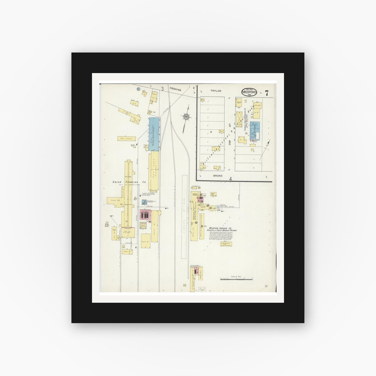 Old map wall art mockup — black gallery frame with white mat — Sanborn Fire Insurance Map from Medford, Taylor County, Wisconsin (1913), Sheet #0007