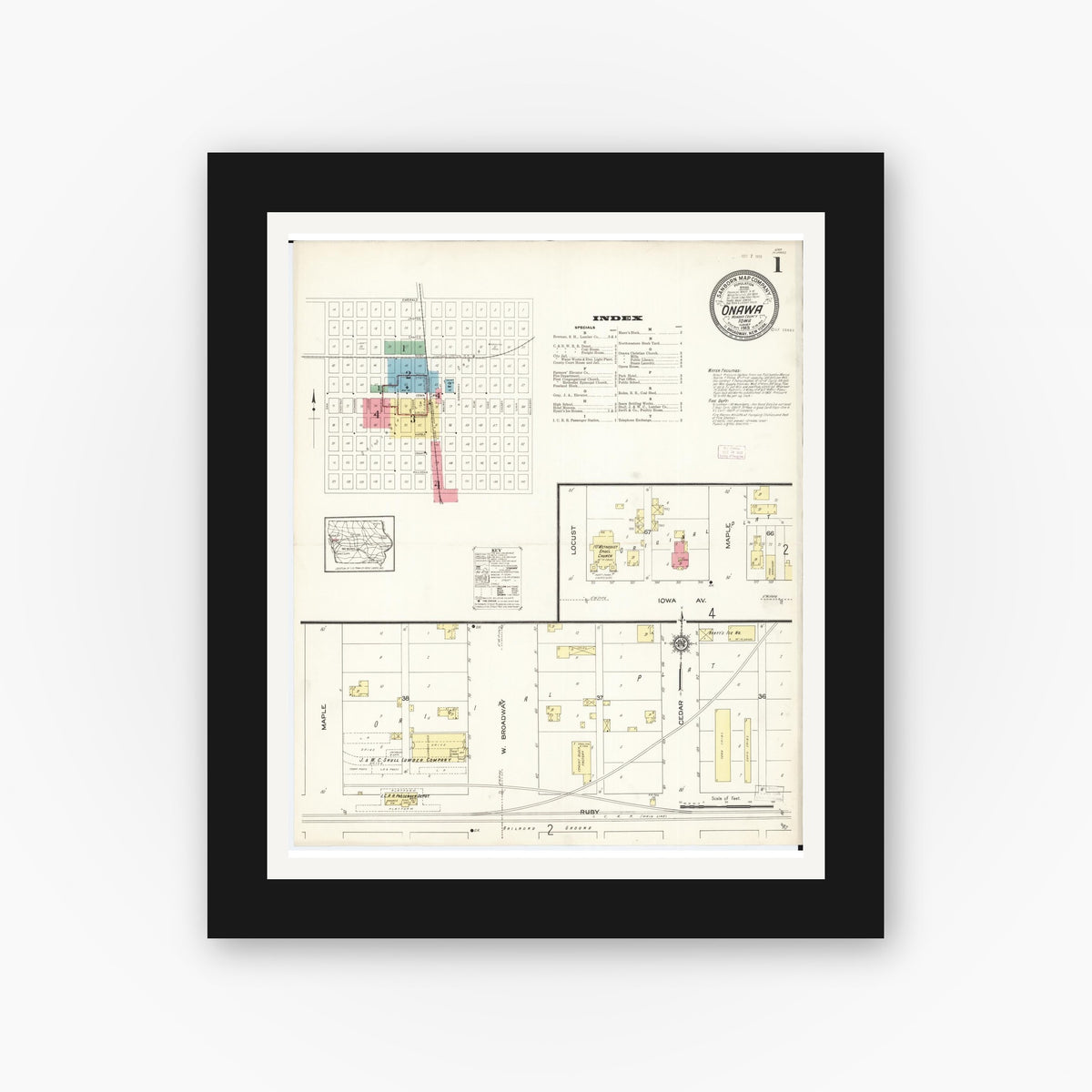 Old map wall art mockup — black gallery frame with white mat — Sanborn Fire Insurance Map from Onawa, Monona County, Iowa (1913) â€” Complete Set