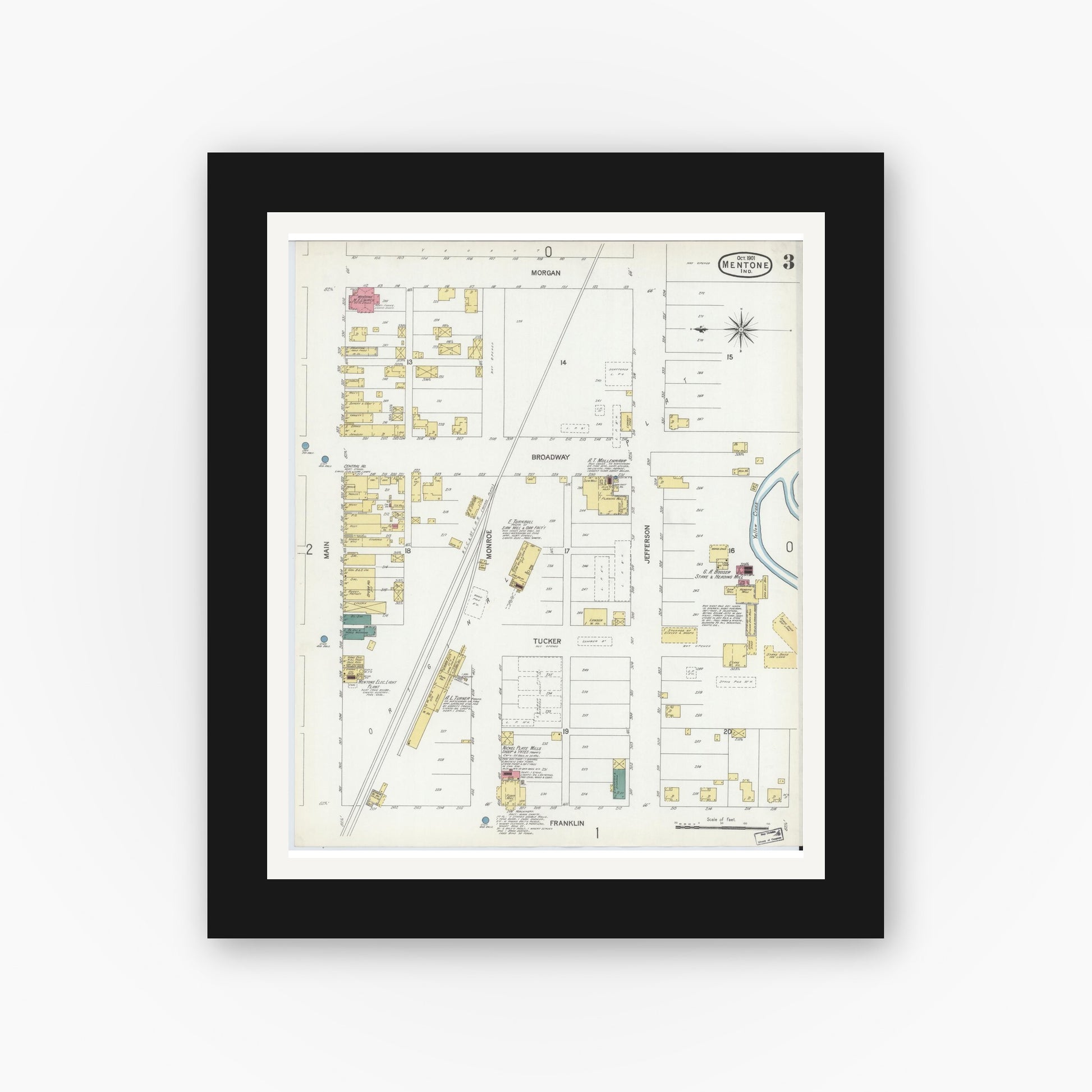 Old map wall art mockup — black gallery frame with white mat — Sanborn Fire Insurance Map from Mentone, Kosciusko County, Indiana (1901), Sheet #0003