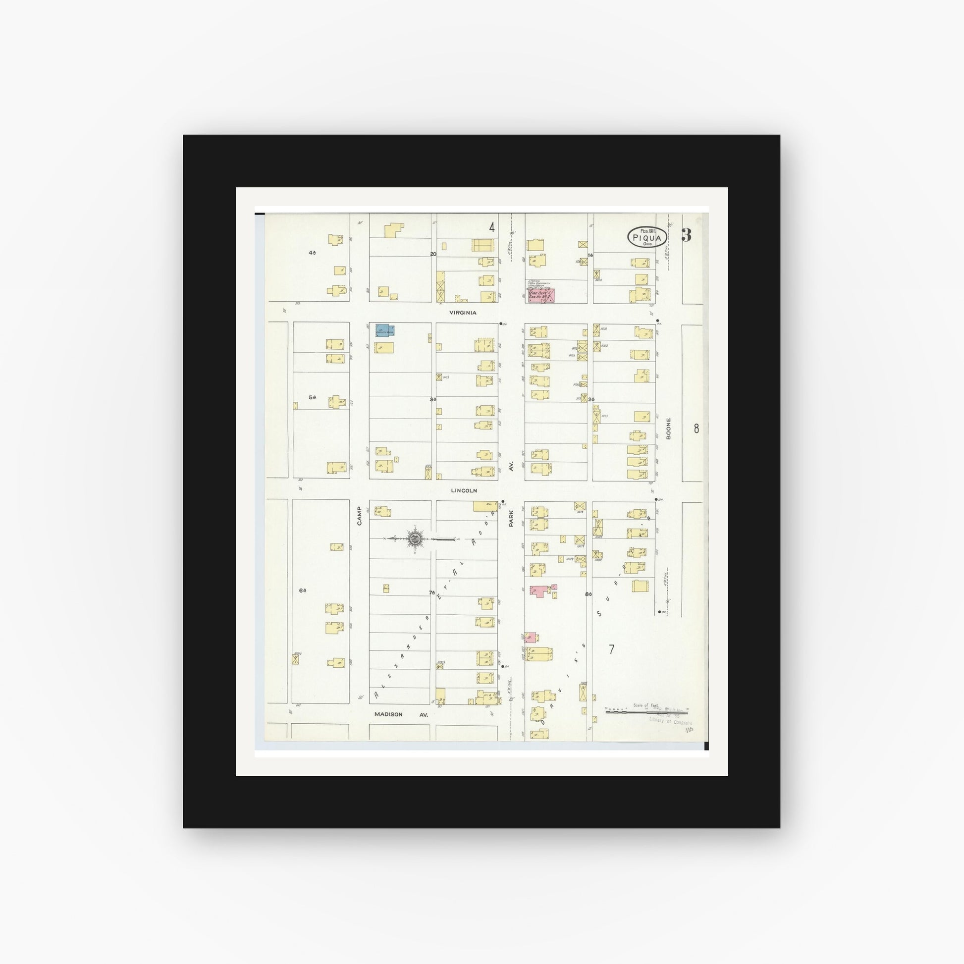 Old map wall art mockup — black gallery frame with white mat — Sanborn Fire Insurance Map from Piqua, Miami County, Ohio (1911), Sheet #0003