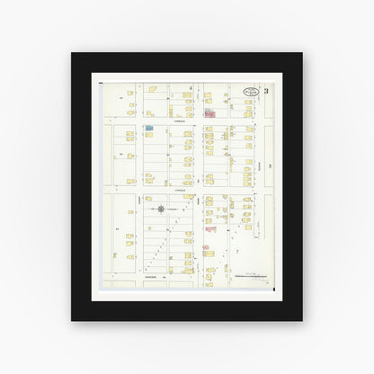 Old map wall art mockup — black gallery frame with white mat — Sanborn Fire Insurance Map from Piqua, Miami County, Ohio (1911), Sheet #0003